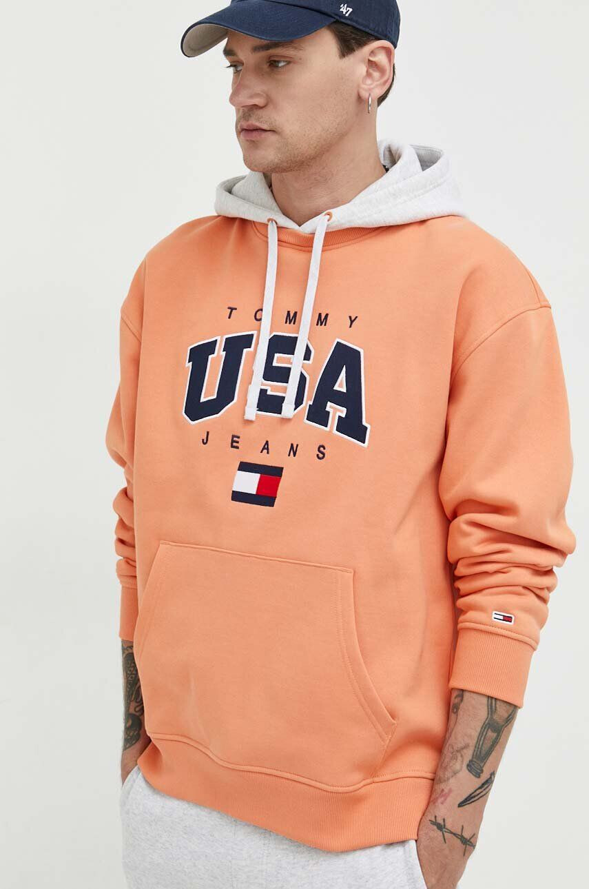 Tommy Jeans Mikina pánská oranžová barva s kapucí s aplikací - Pepit.cz