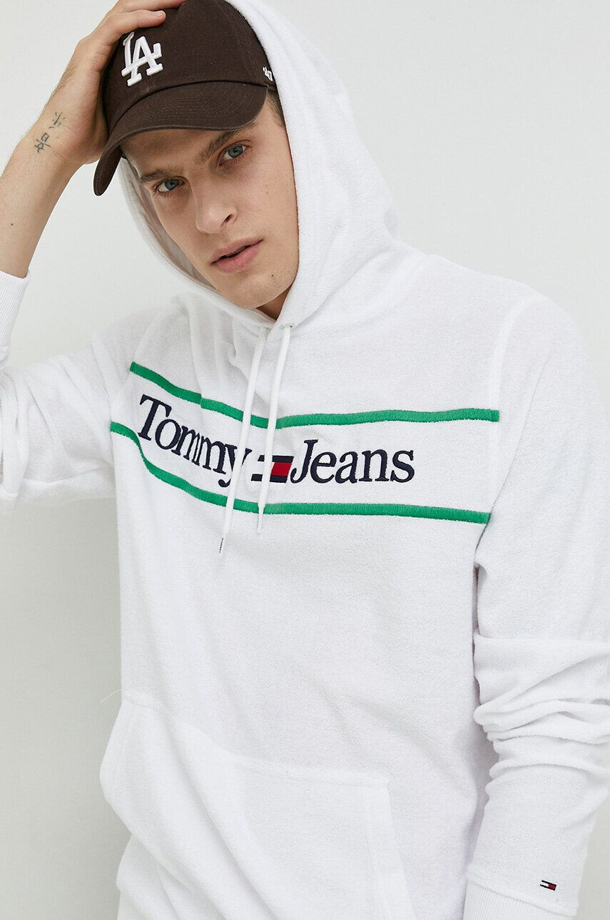 Tommy Jeans Mikina pánská bílá barva s kapucí s aplikací - Pepit.cz