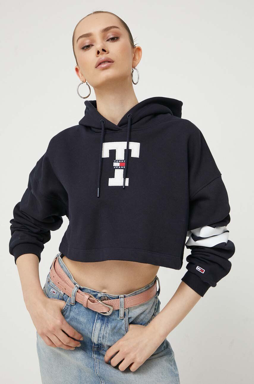 Tommy Jeans Mikina dámská tmavomodrá barva s kapucí s aplikací - Pepit.cz