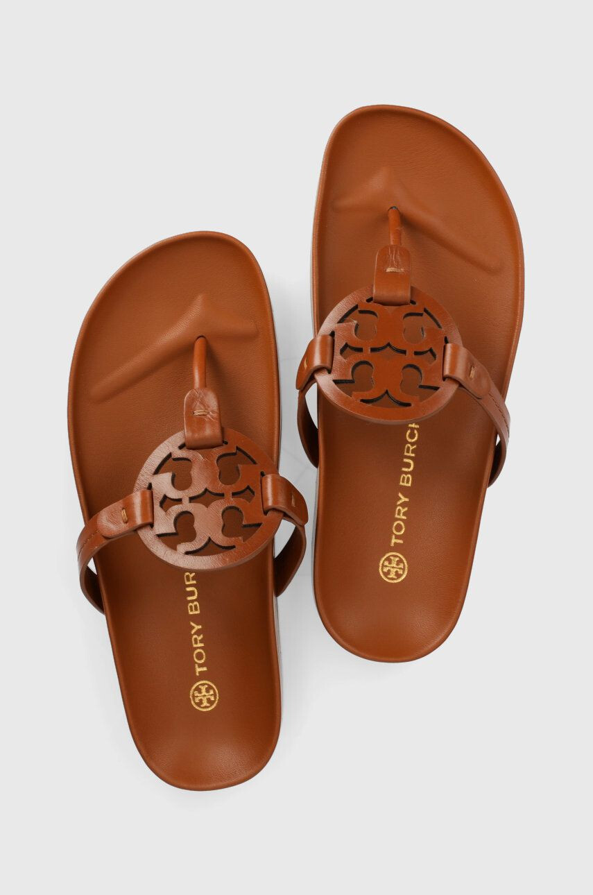 Tory Burch Kožené žabky Miller dámské hnědá barva na plochém podpatku - Pepit.cz