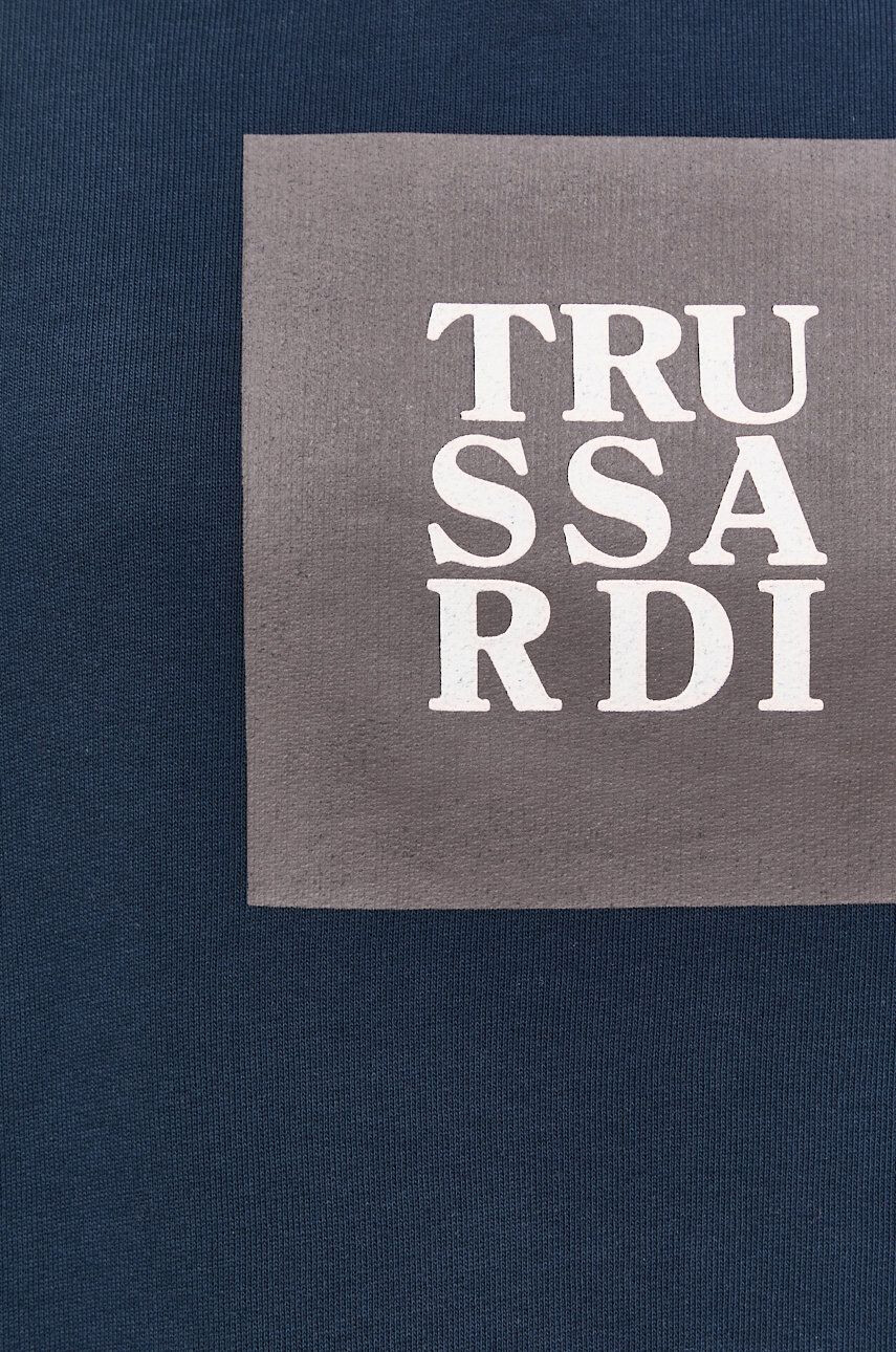 Trussardi Bavlněná mikina dámská tmavomodrá barva s kapucí s potiskem - Pepit.cz