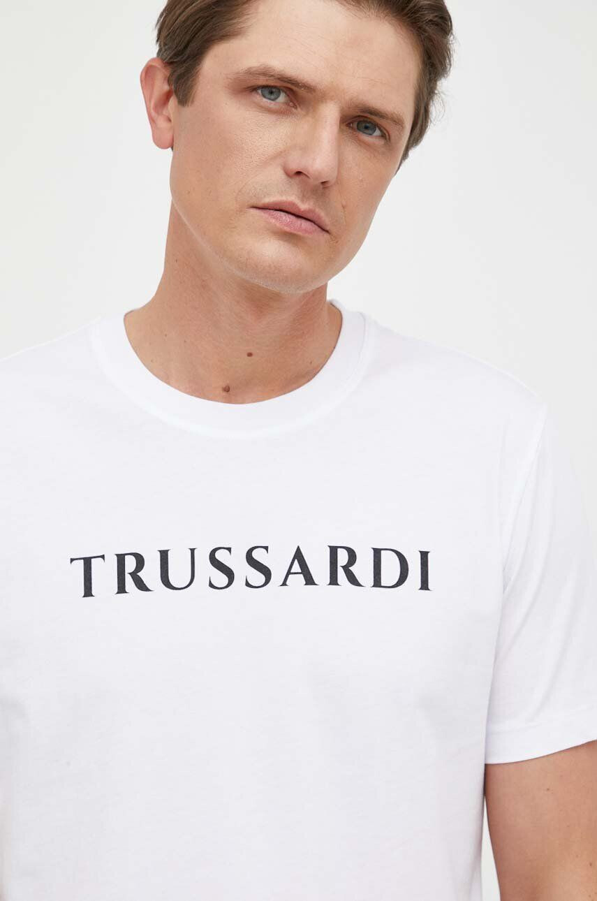 Trussardi Bavlněné tričko bílá barva s potiskem - Pepit.cz