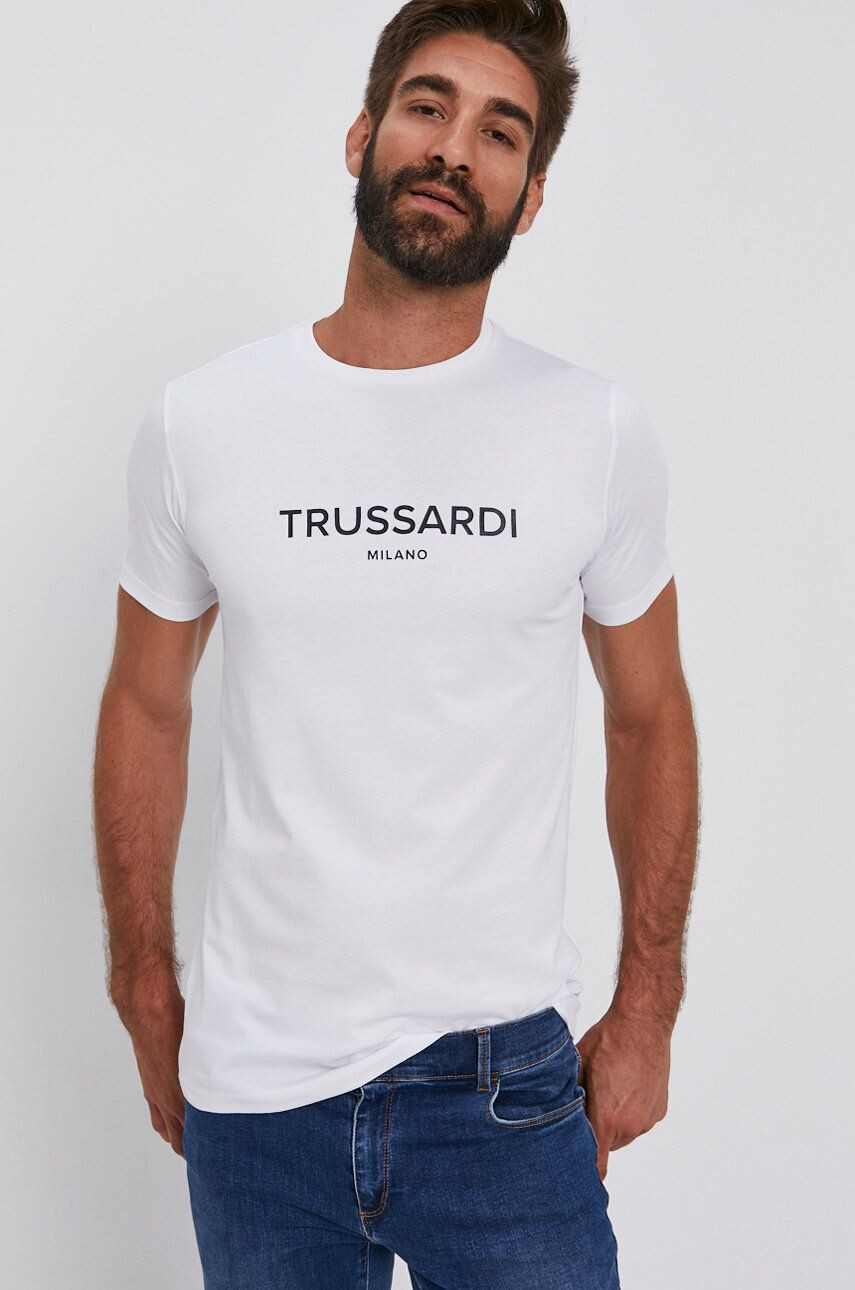 Trussardi Bavlněné tričko bílá barva s potiskem - Pepit.cz