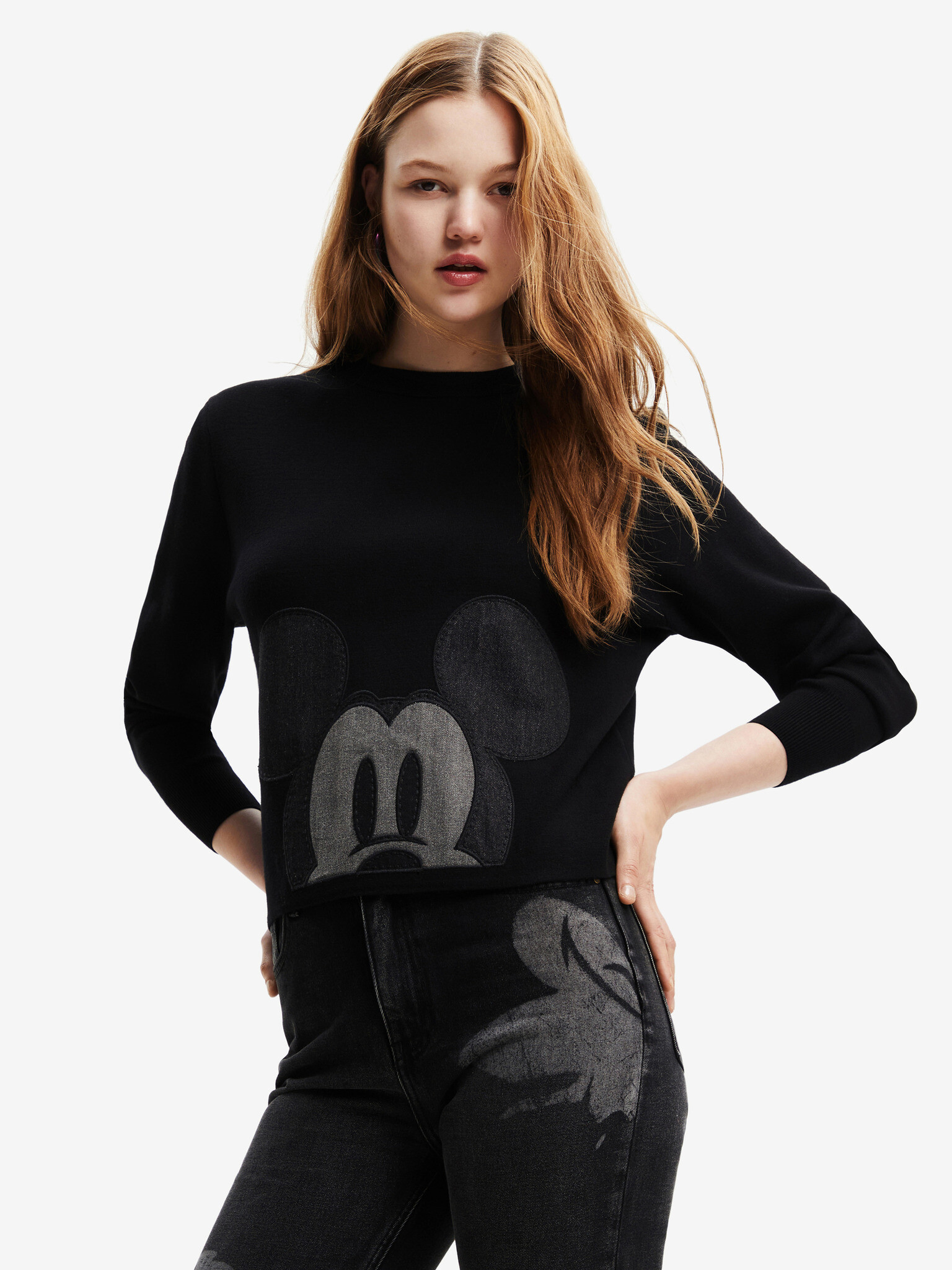 Desigual Mickey Patch Denim Svetr Černá - Pepit.cz