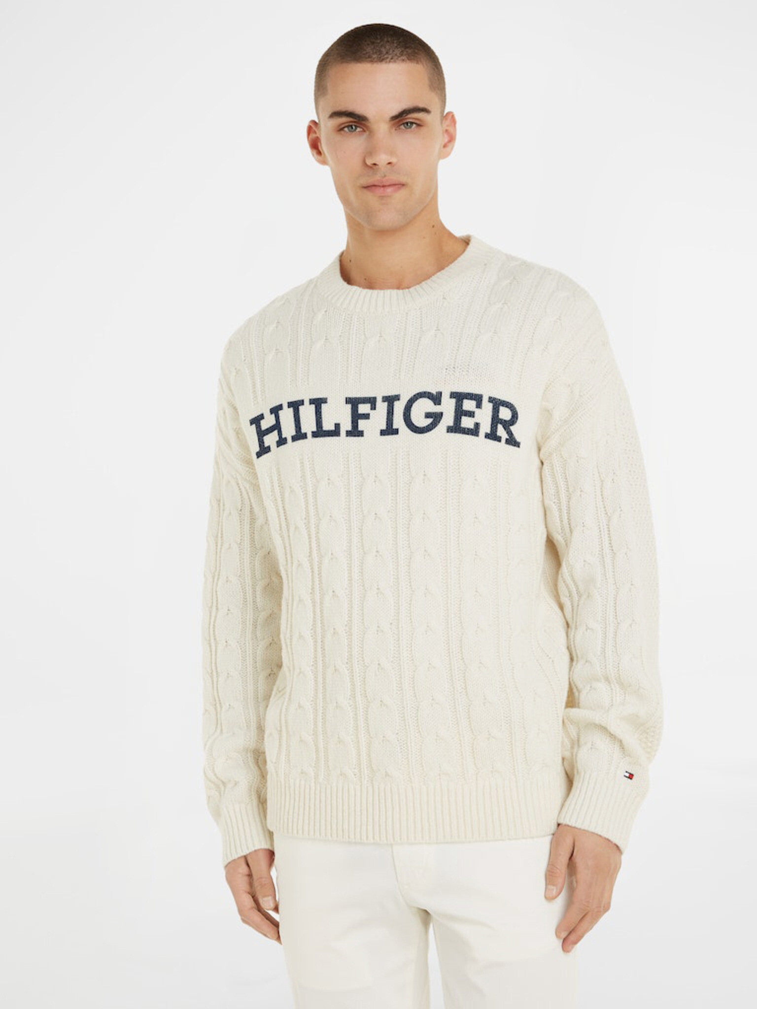 Tommy Hilfiger Cable Monotype Crew Neck Svetr Bílá - Pepit.cz