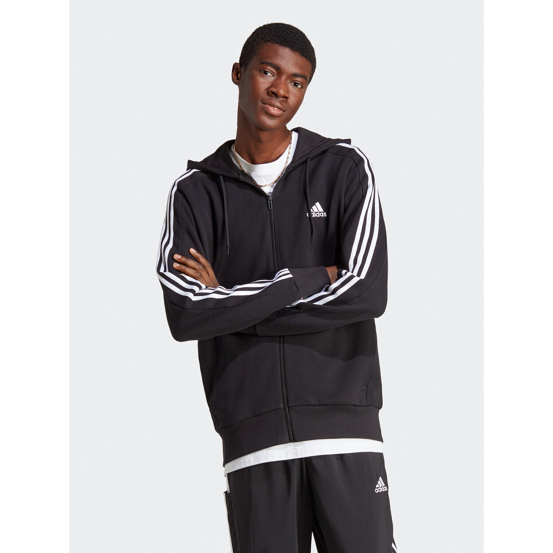 adidas Mikina Essentials French Terry 3-Stripes Full-Zip Hoodie IC0433 Černá Regular Fit - Pepit.cz