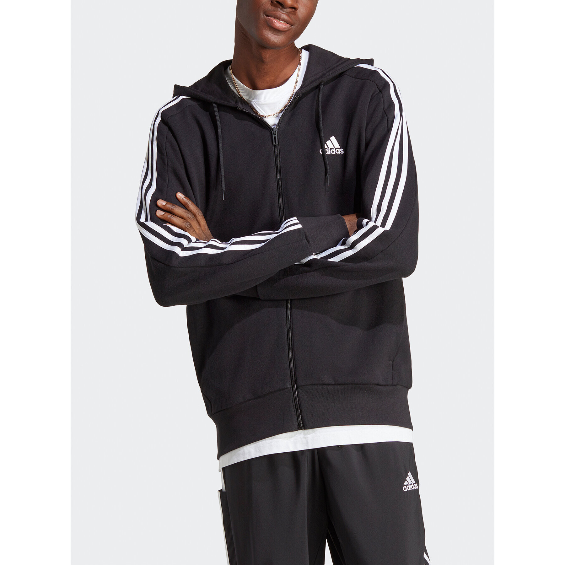 adidas Mikina Essentials French Terry 3-Stripes Full-Zip Hoodie IC0433 Černá Regular Fit - Pepit.cz