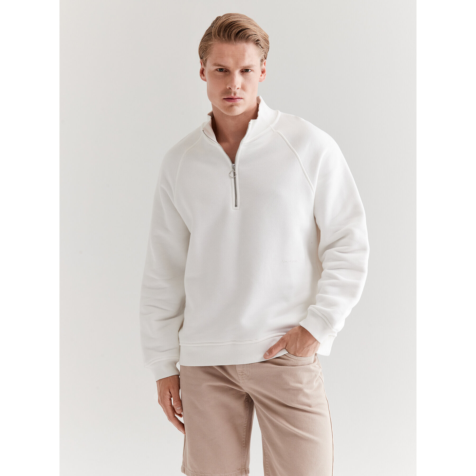 Americanos Mikina Unisex Seatle Half-Zip Bílá Relaxed Fit - Pepit.cz