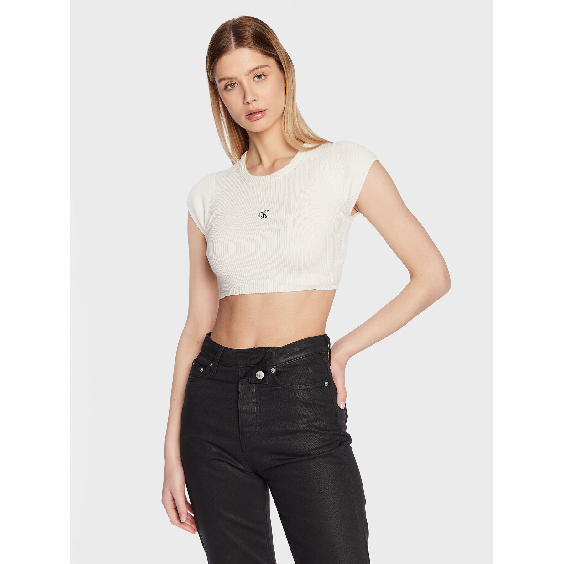 Calvin Klein Jeans Halenka J20J220709 Bílá Cropped Fit - Pepit.cz