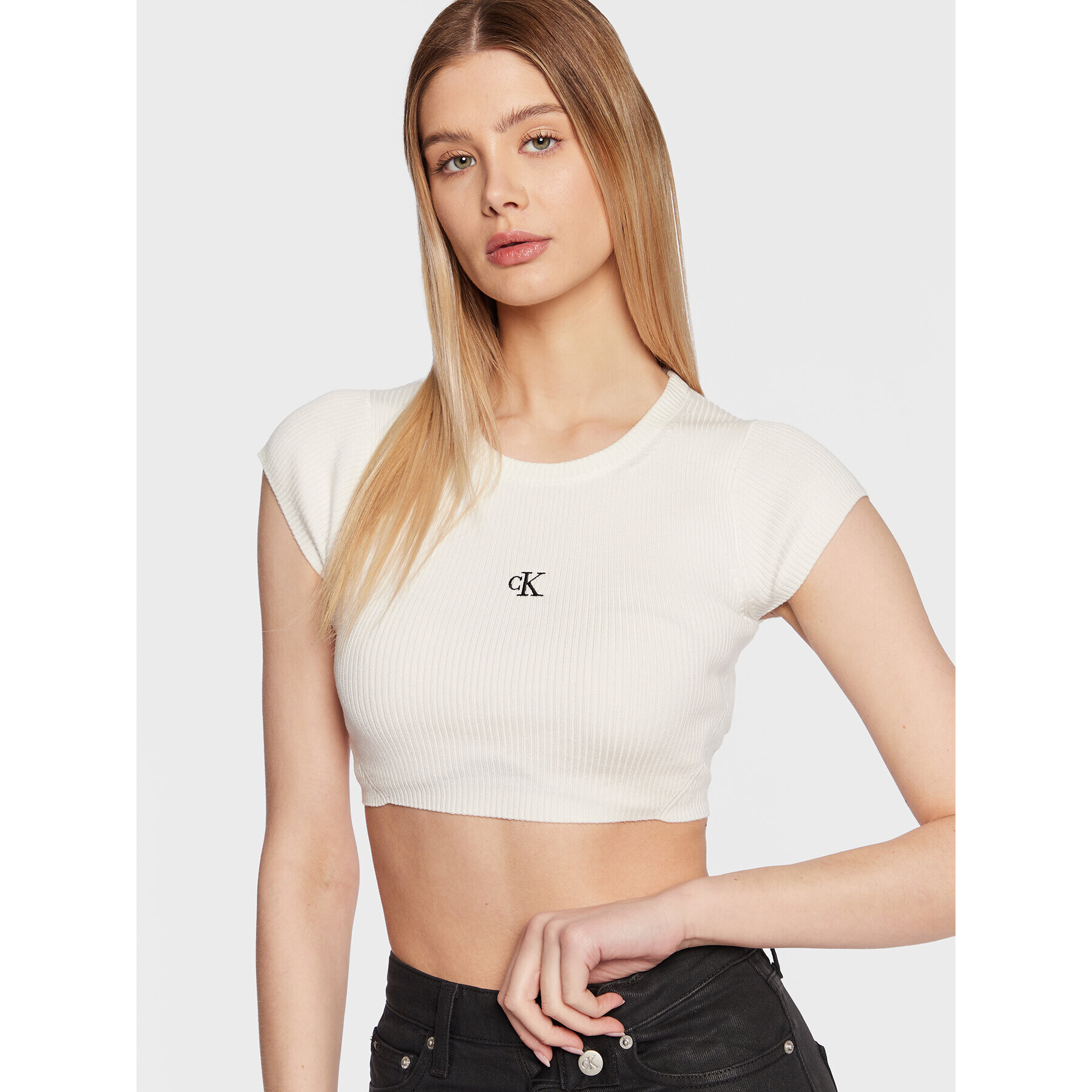 Calvin Klein Jeans Halenka J20J220709 Bílá Cropped Fit - Pepit.cz