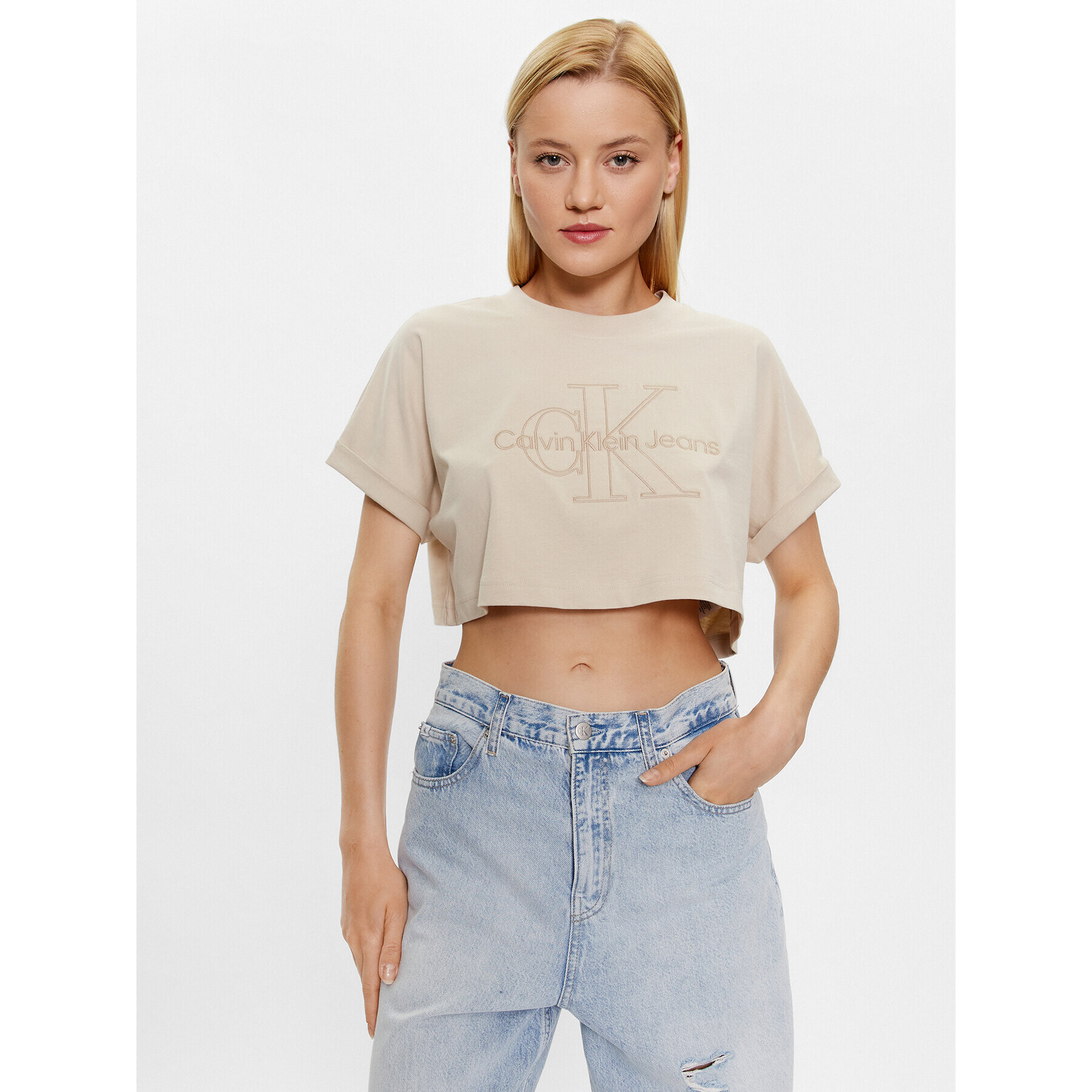 Calvin Klein Jeans T-Shirt J20J221048 Béžová Relaxed Fit - Pepit.cz