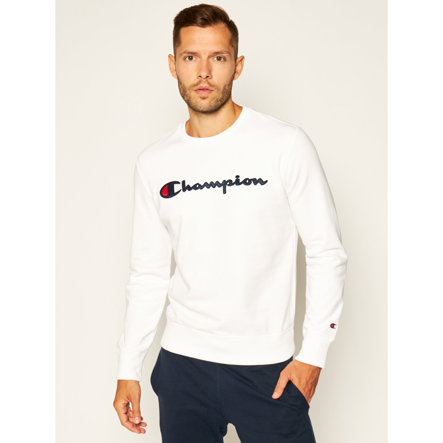 Champion Mikina Satin Script Logo 214188 Bílá Comfort Fit - Pepit.cz