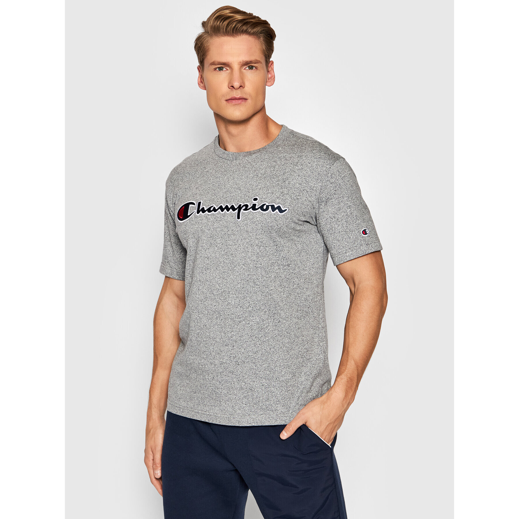 Champion T-Shirt Script Logo 216473 Šedá Comfort Fit - Pepit.cz