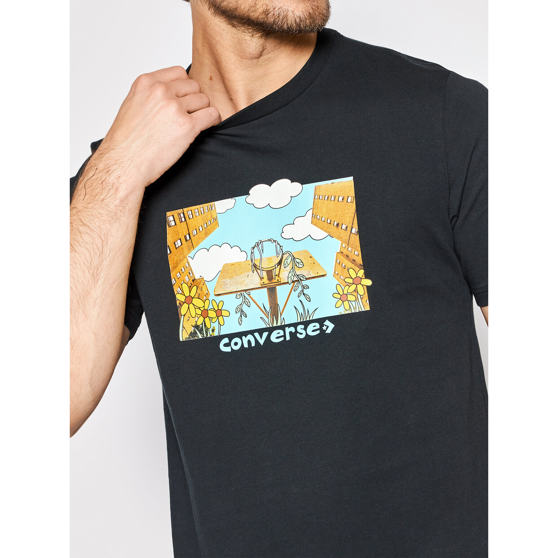 Converse T-Shirt Overgrown Hoops 10023257-A01 Černá Standard Fit - Pepit.cz