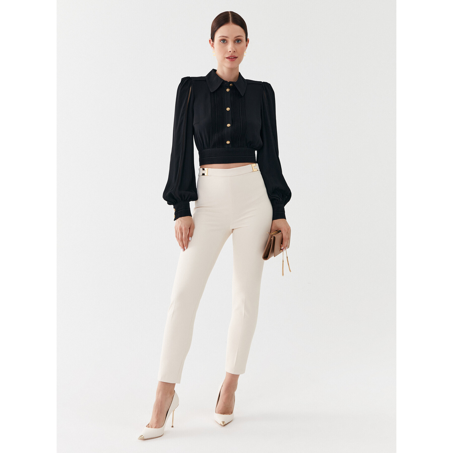 Elisabetta Franchi Kalhoty z materiálu PA-005-36E2-V280 Béžová Slim Fit - Pepit.cz