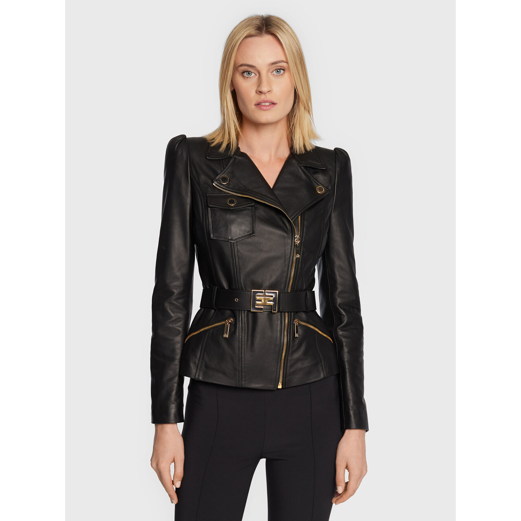 Elisabetta Franchi Kožená bunda GD-21Z-26E2-V1000 Černá Slim Fit - Pepit.cz