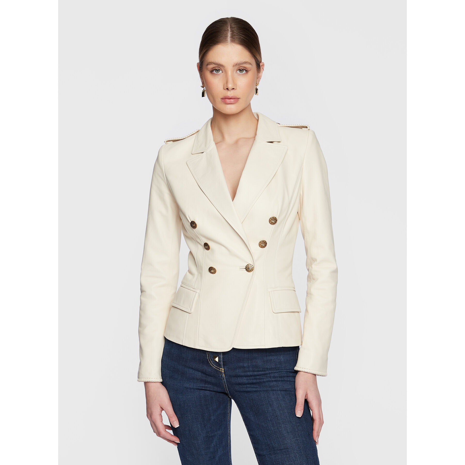 Elisabetta Franchi Kožená bunda GD-28Z-31E2-V960 Écru Slim Fit - Pepit.cz