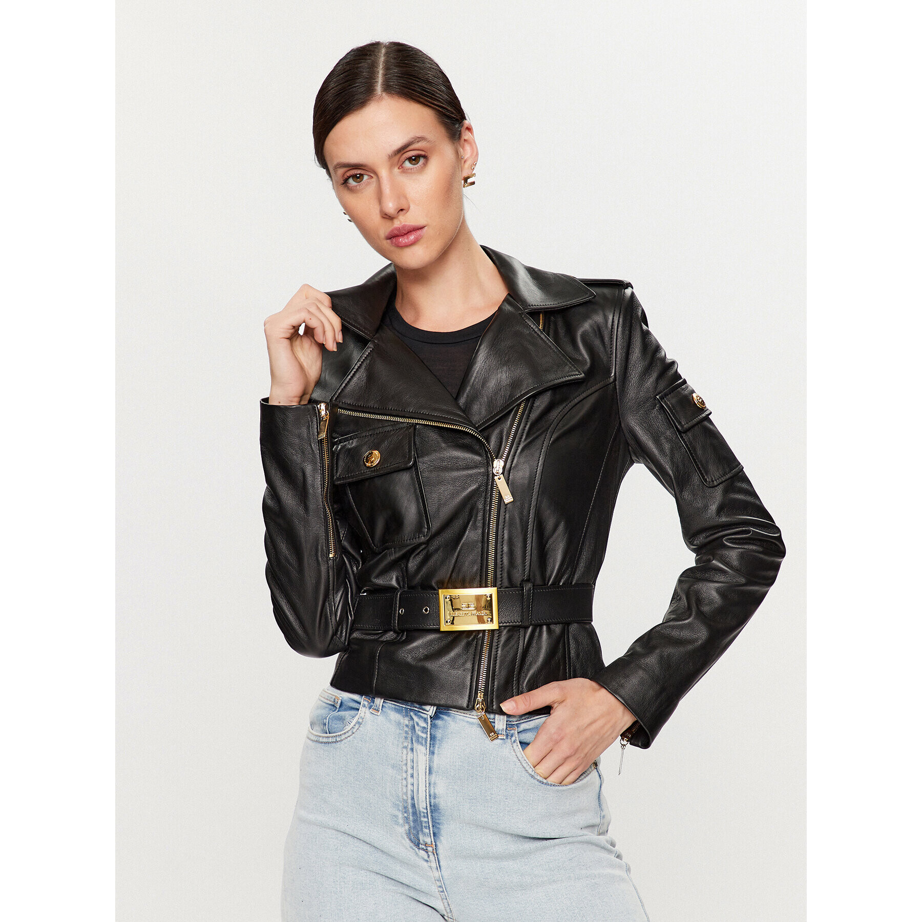 Elisabetta Franchi Kožená bunda GD-30Z-36E2-V1000 Černá Slim Fit - Pepit.cz