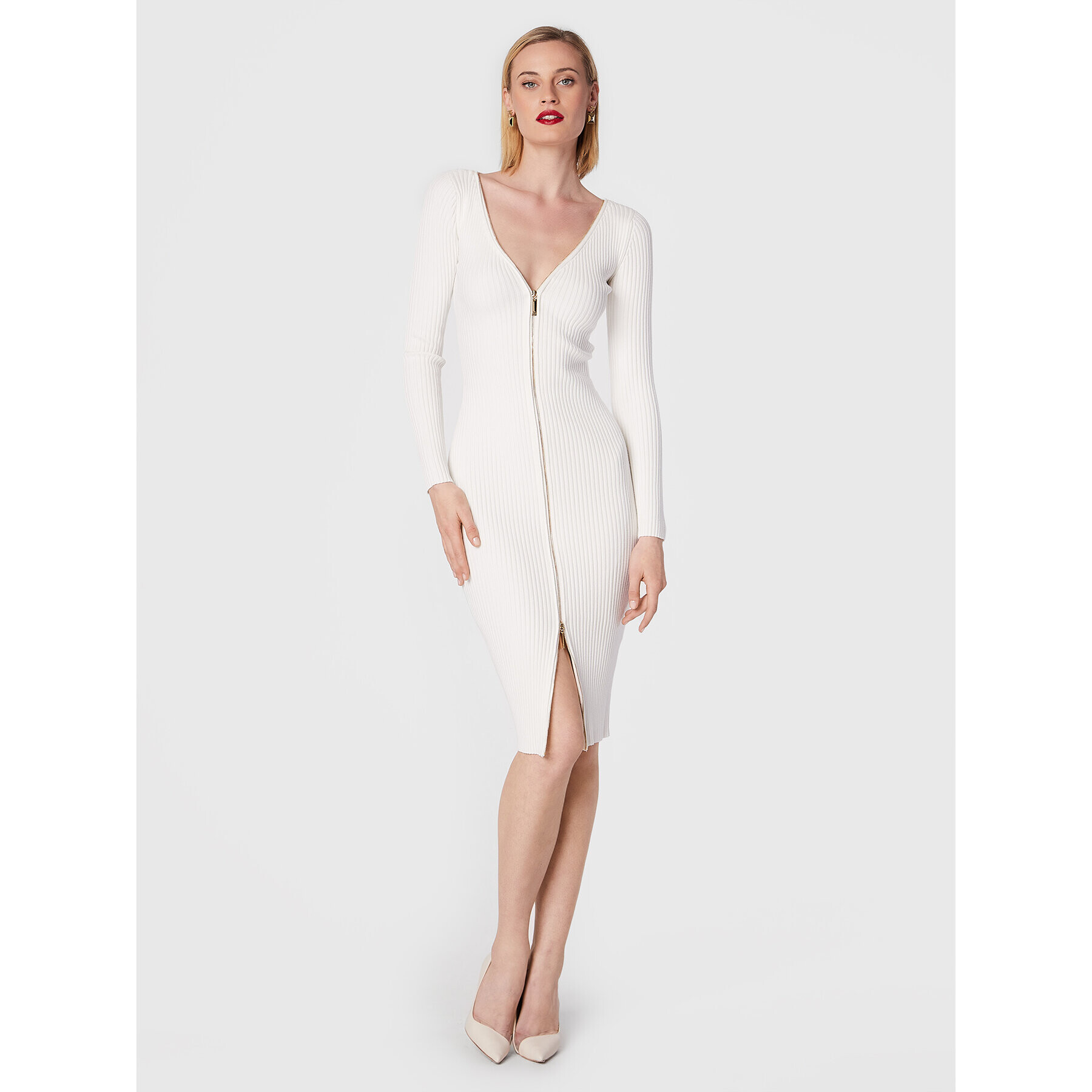 Elisabetta Franchi Úpletové šaty AM-51T-26E2-V520 Bílá Slim Fit - Pepit.cz