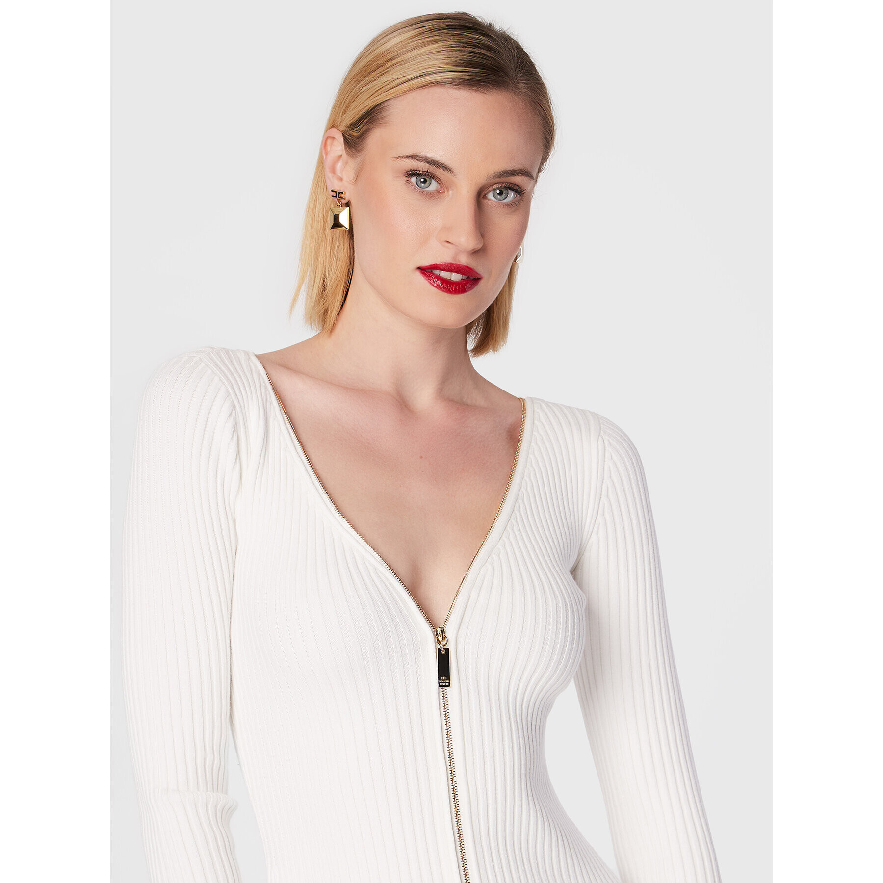 Elisabetta Franchi Úpletové šaty AM-51T-26E2-V520 Bílá Slim Fit - Pepit.cz