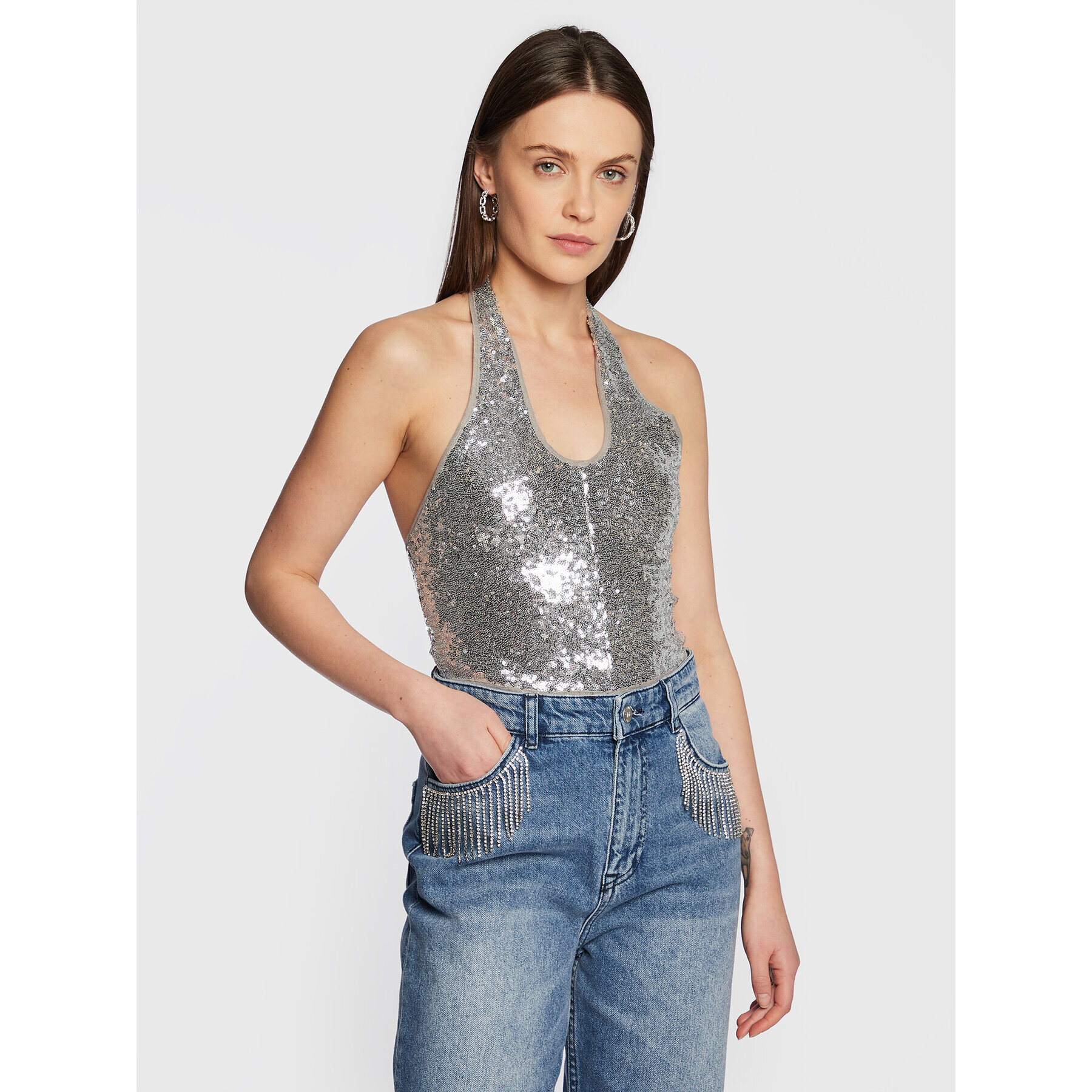 Gina Tricot Top Tyra Sequin 18564 Stříbrná Regular Fit - Pepit.cz