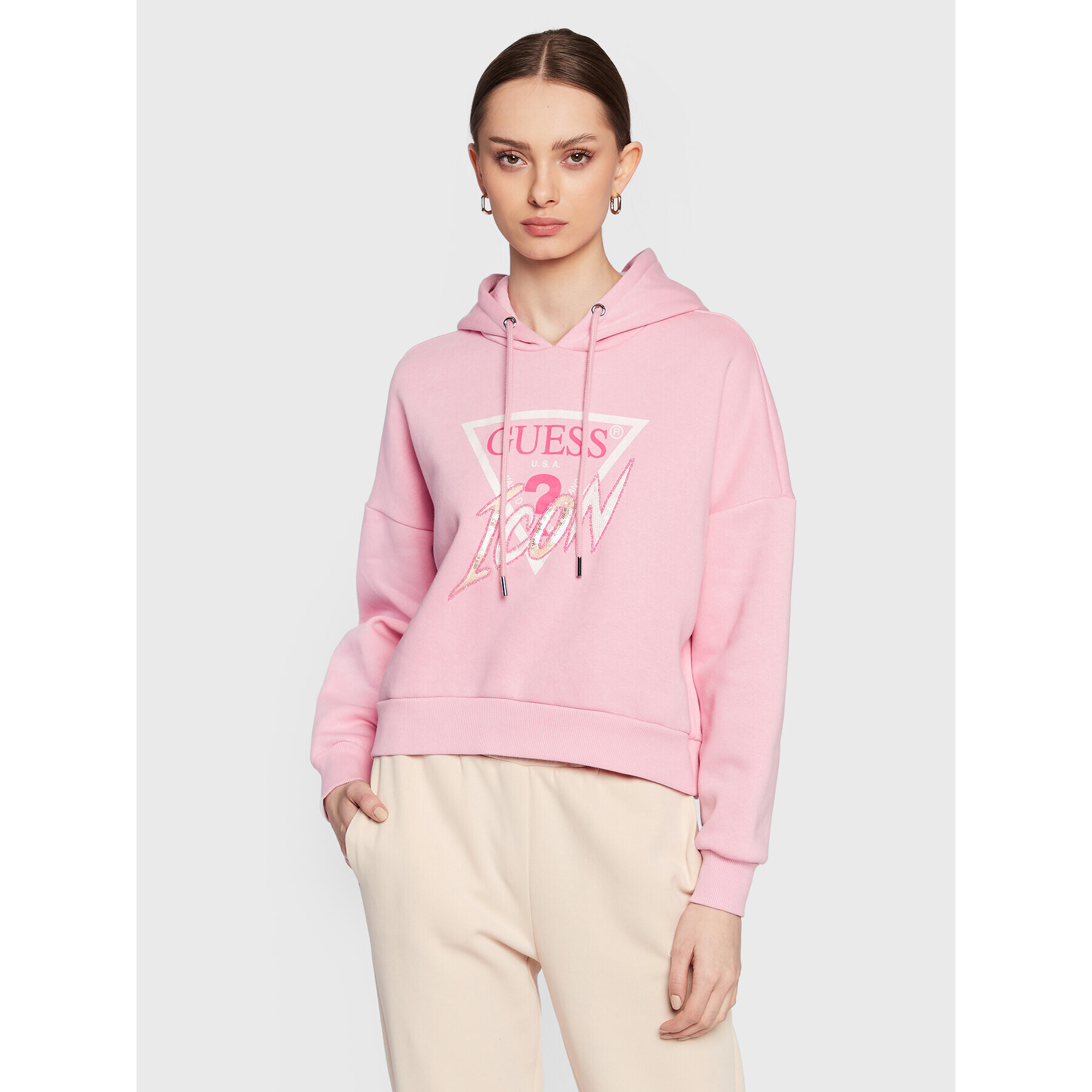 Guess Mikina Icon W3RQ03 KB683 Růžová Relaxed Fit - Pepit.cz