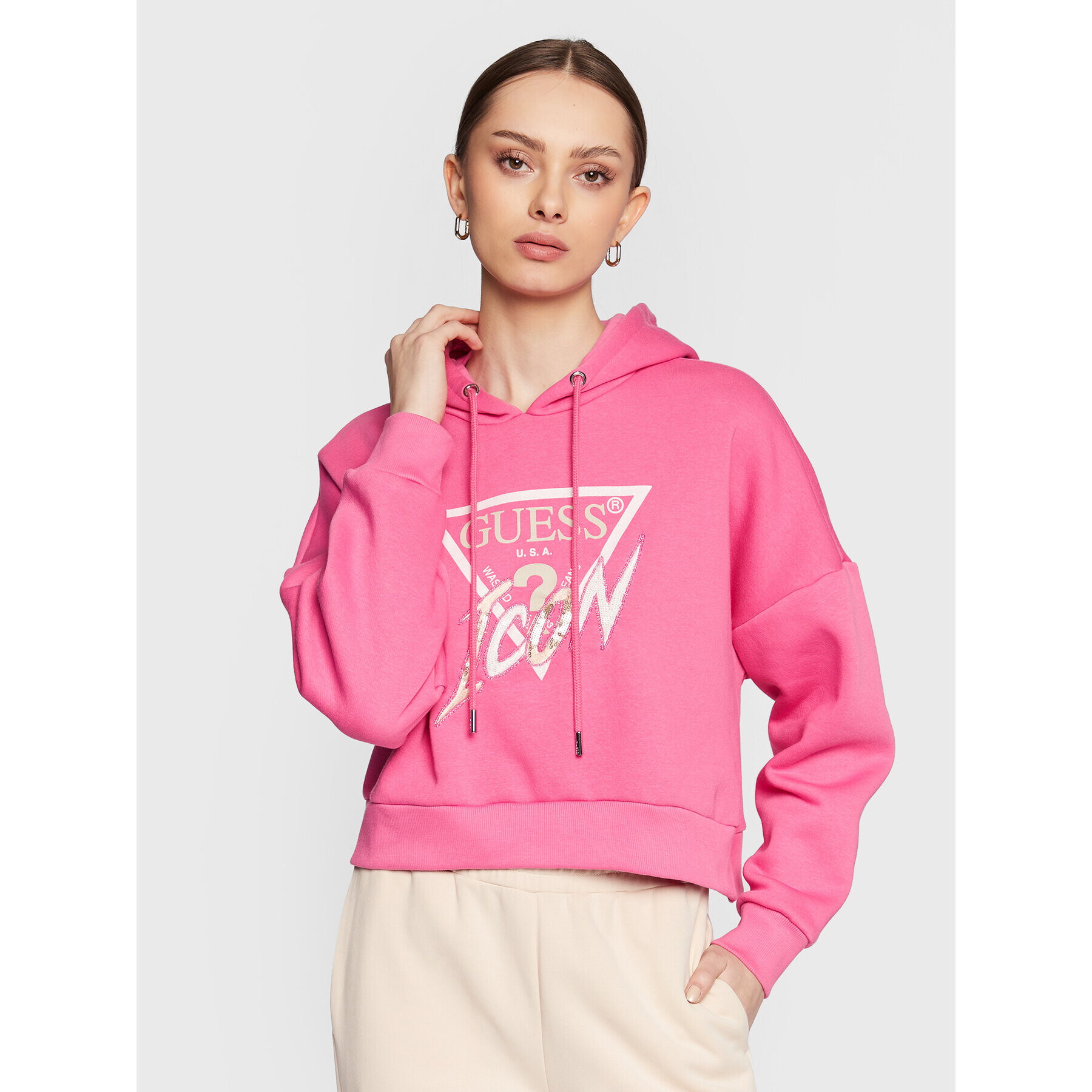 Guess Mikina Icon W3RQ03 KB683 Růžová Relaxed Fit - Pepit.cz