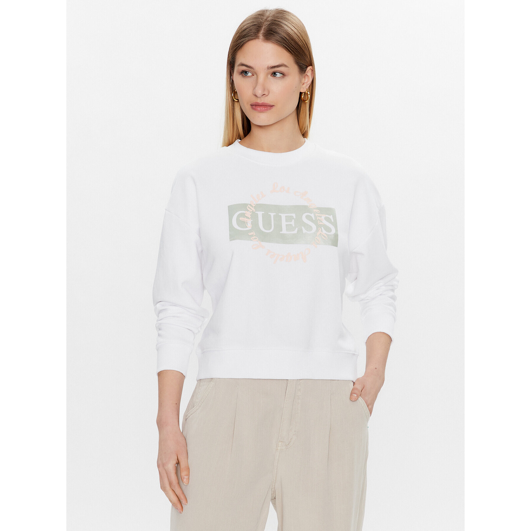 Guess Mikina Logo W3GQ07 KBK32 Bílá Relaxed Fit - Pepit.cz