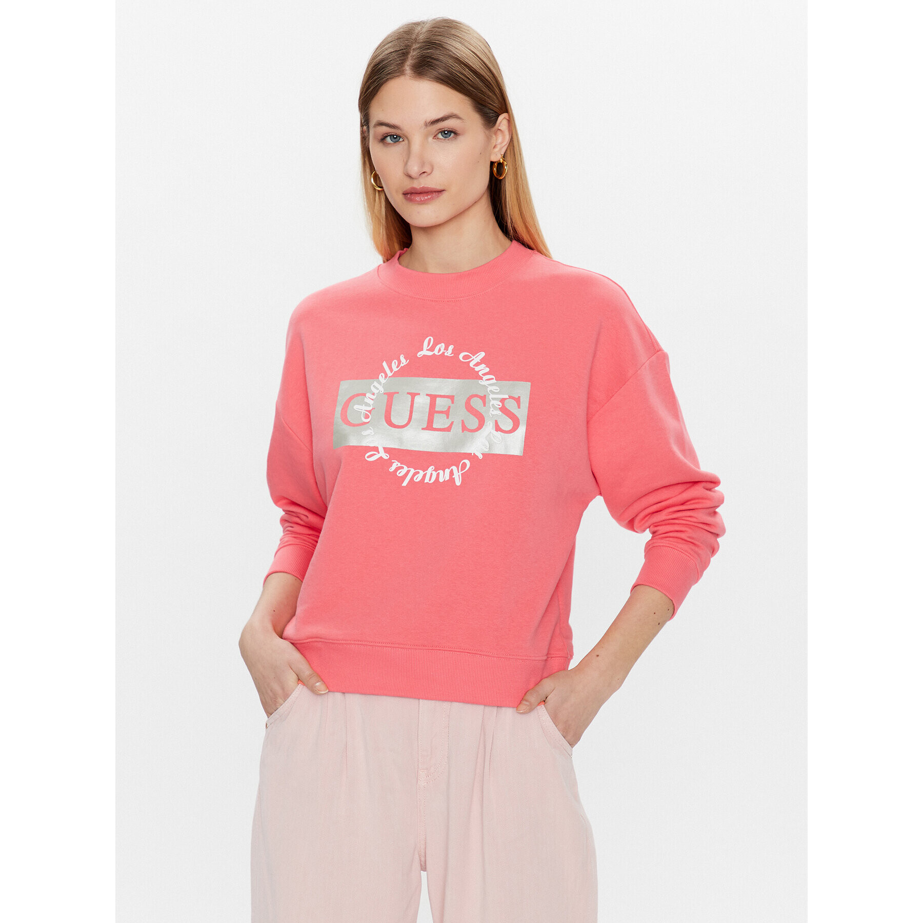 Guess Mikina Logo W3GQ07 KBK32 Růžová Relaxed Fit - Pepit.cz