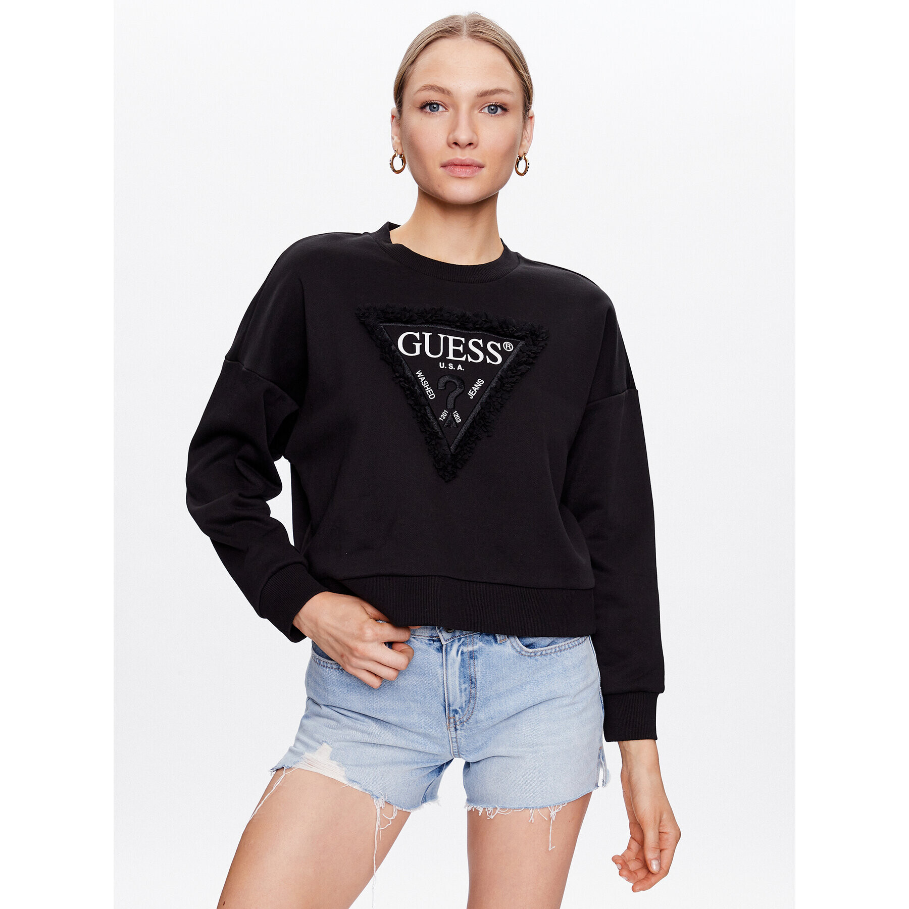 Guess Mikina Petal Triangle W3GQ18 KBKM0 Černá Relaxed Fit - Pepit.cz