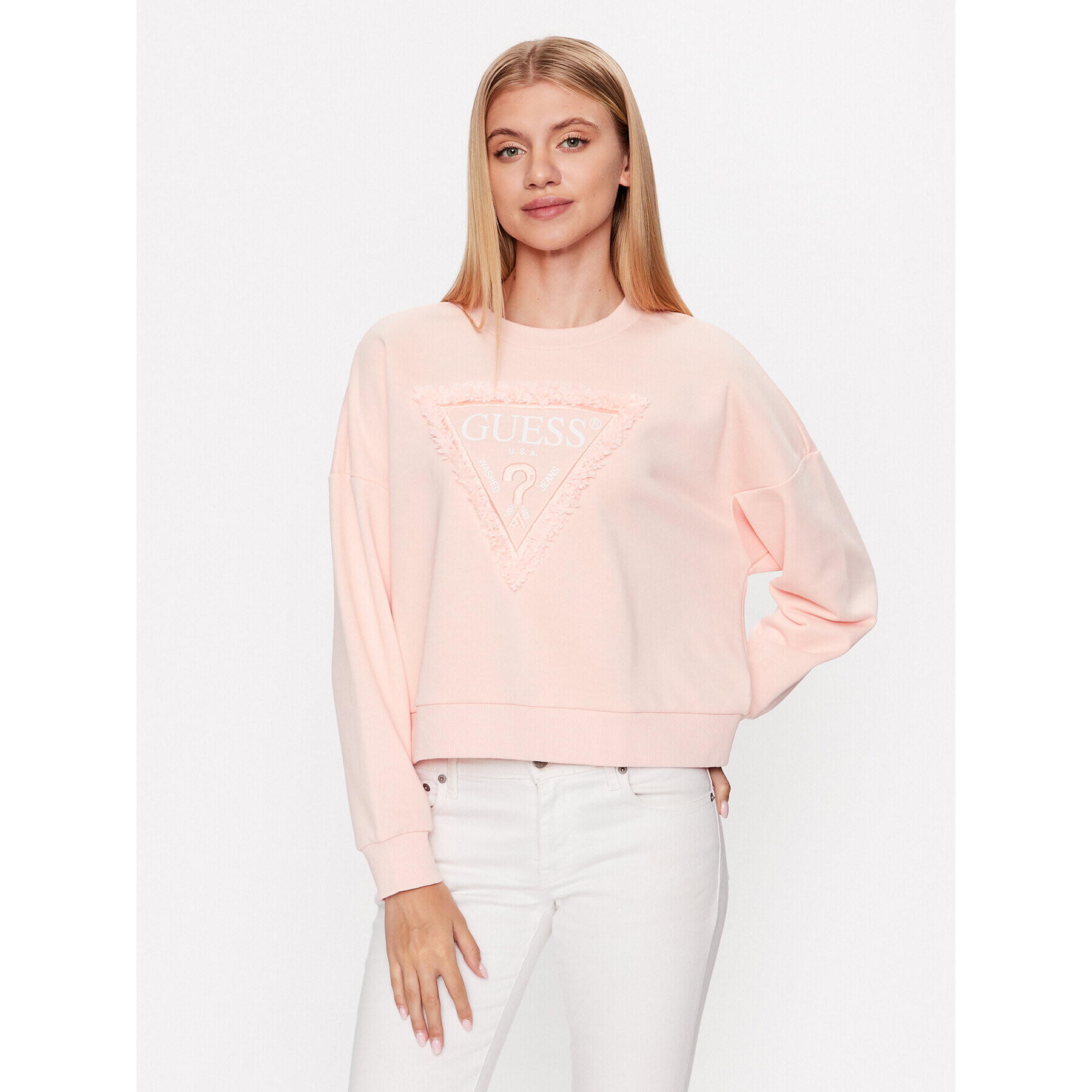 Guess Mikina Petal Triangle W3GQ18 KBKM0 Růžová Relaxed Fit - Pepit.cz