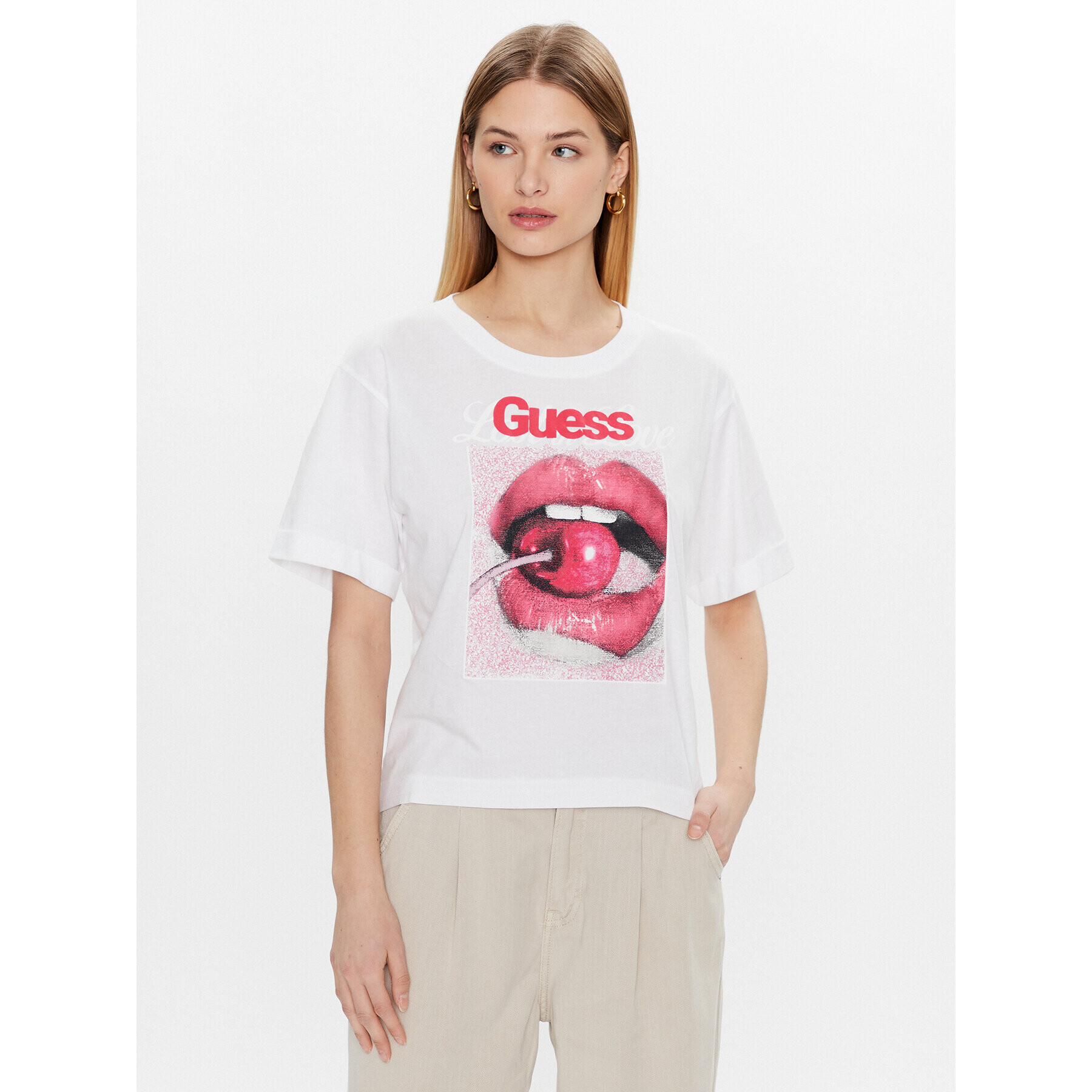 Guess T-Shirt Cherry W3GI22 JA914 Bílá Boxy Fit - Pepit.cz