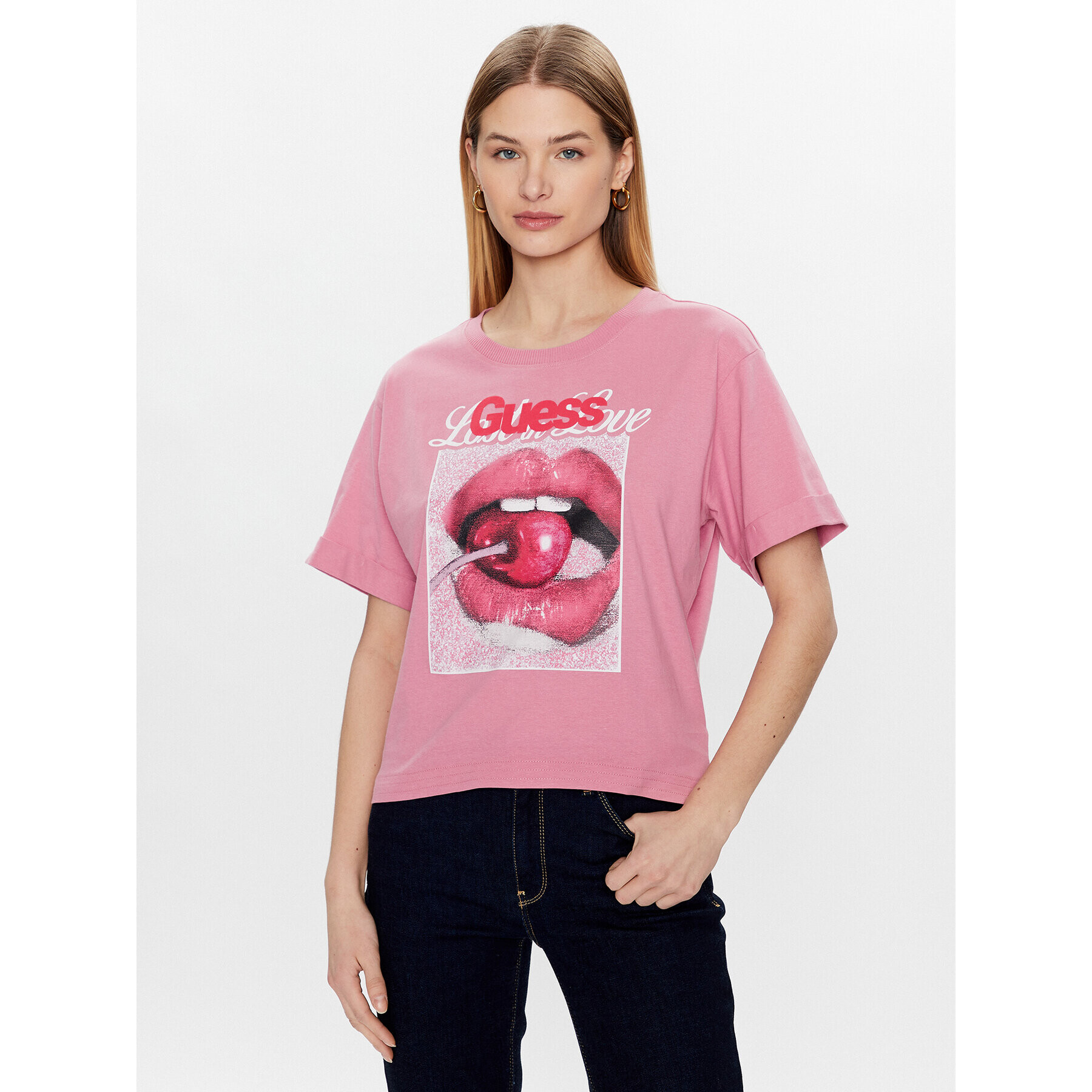 Guess T-Shirt Cherry W3GI22 JA914 Růžová Boxy Fit - Pepit.cz