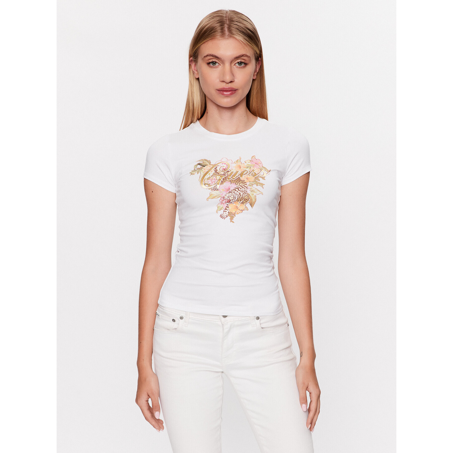 Guess T-Shirt Hibiscus Logo W3GI11 KA0Q1 Bílá Slim Fit - Pepit.cz