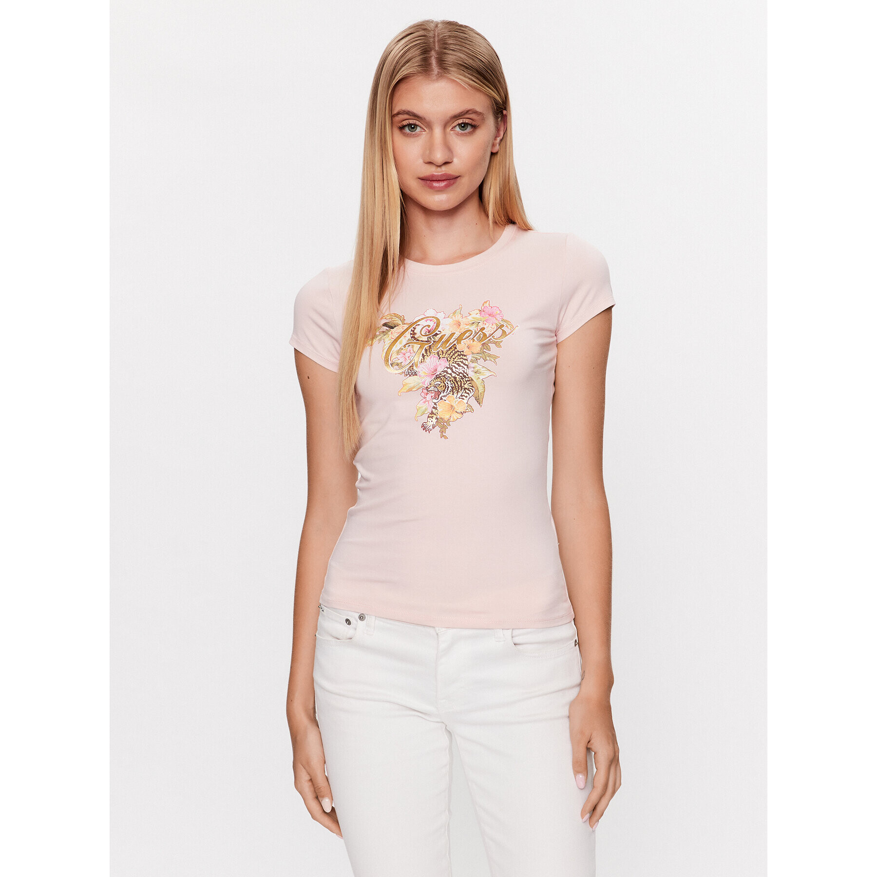 Guess T-Shirt Hibiscus Logo W3GI11 KA0Q1 Růžová Slim Fit - Pepit.cz