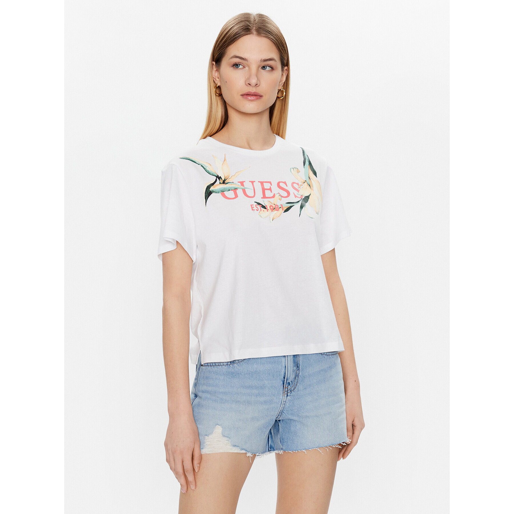 Guess T-Shirt Logo Flowers W3GI43 JA914 Bílá Boxy Fit - Pepit.cz