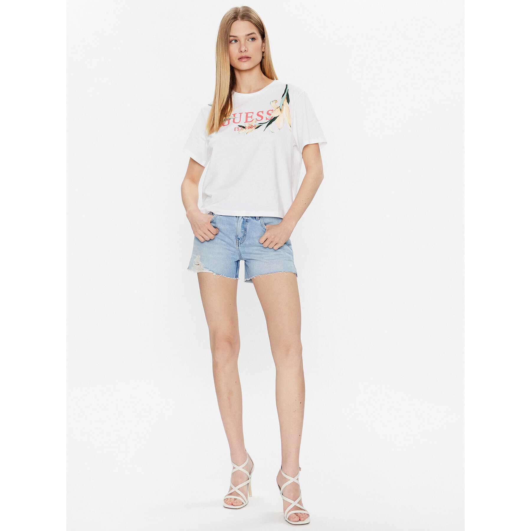 Guess T-Shirt Logo Flowers W3GI43 JA914 Bílá Boxy Fit - Pepit.cz