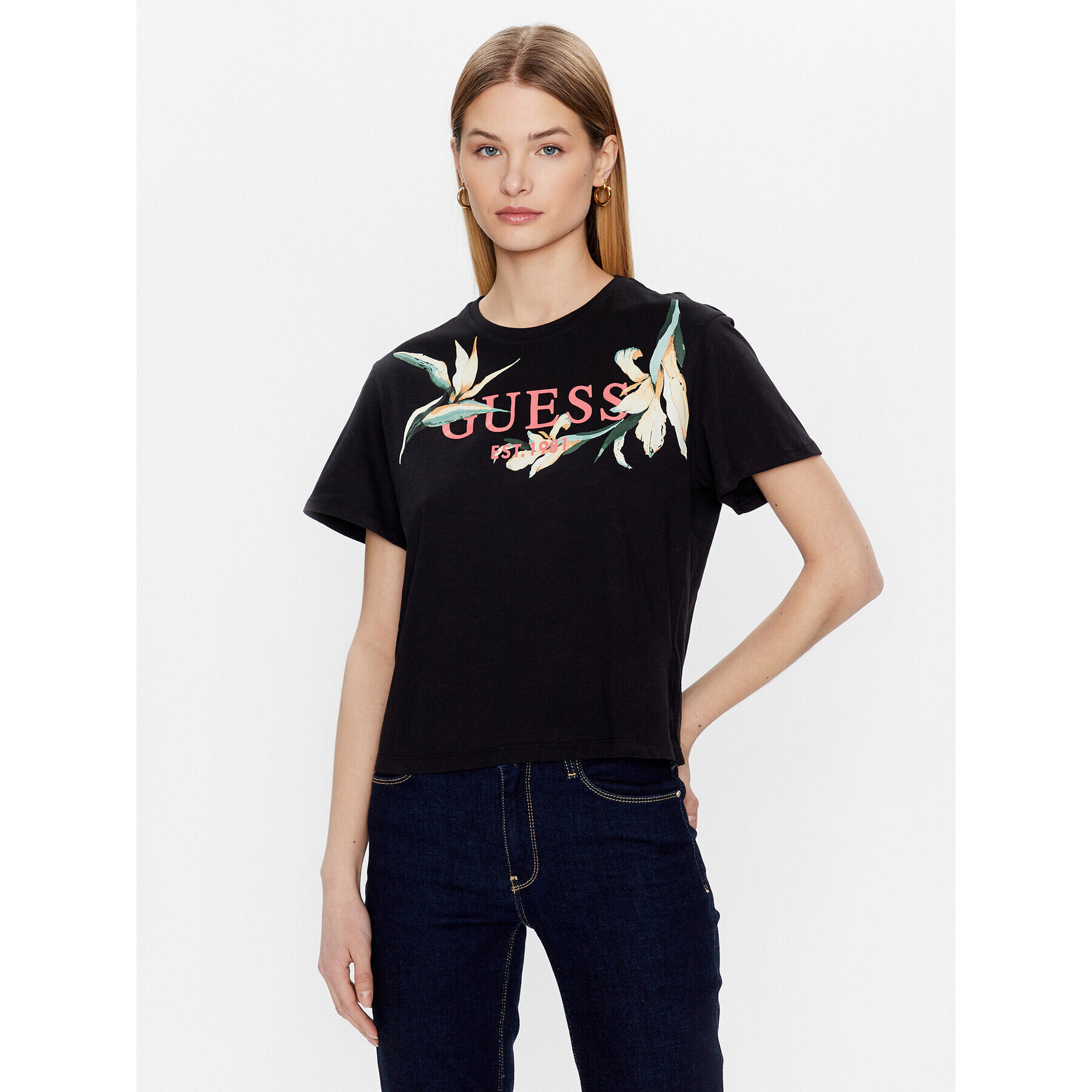 Guess T-Shirt Logo Flowers W3GI43 JA914 Černá Boxy Fit - Pepit.cz