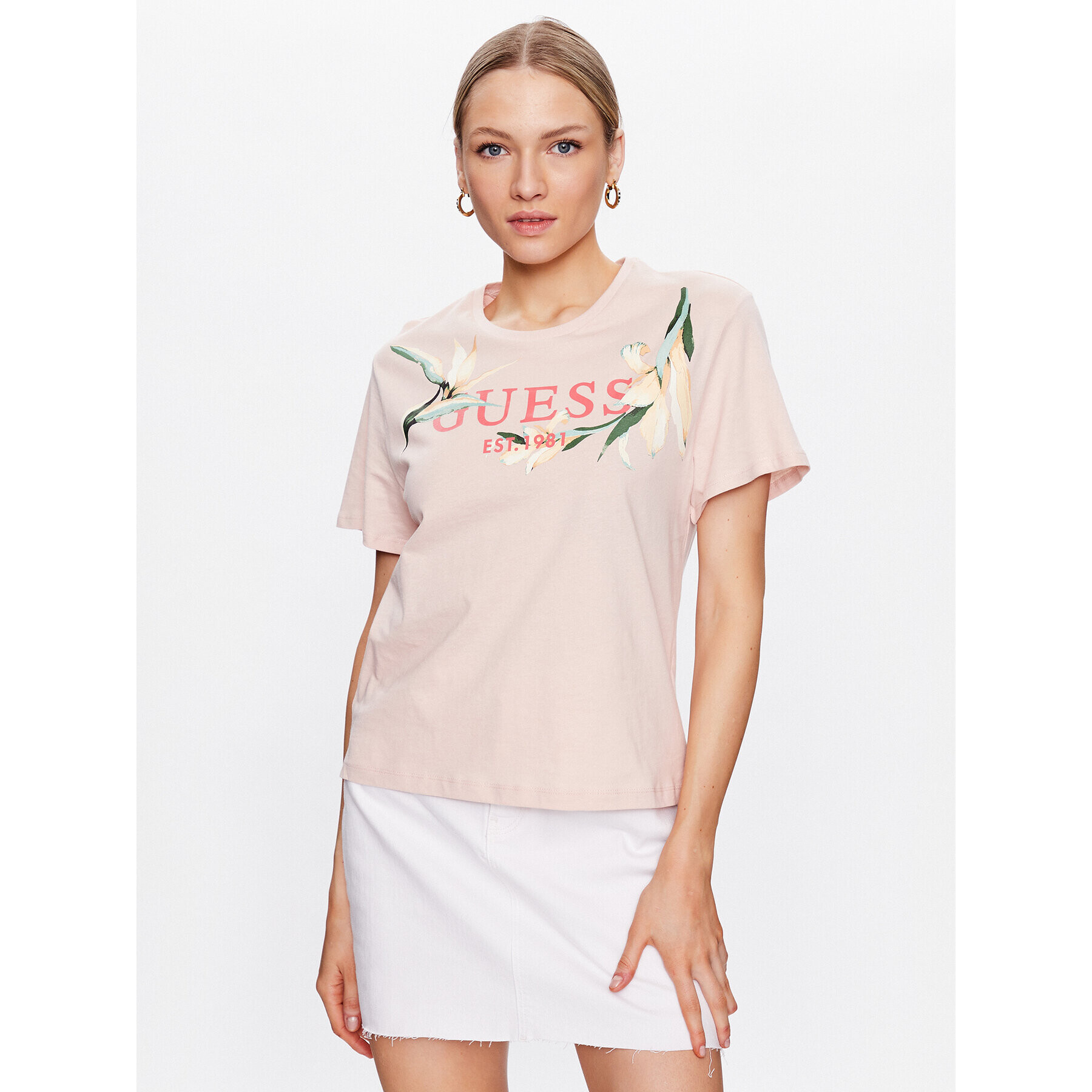 Guess T-Shirt Logo Flowers W3GI43 JA914 Růžová Boxy Fit - Pepit.cz