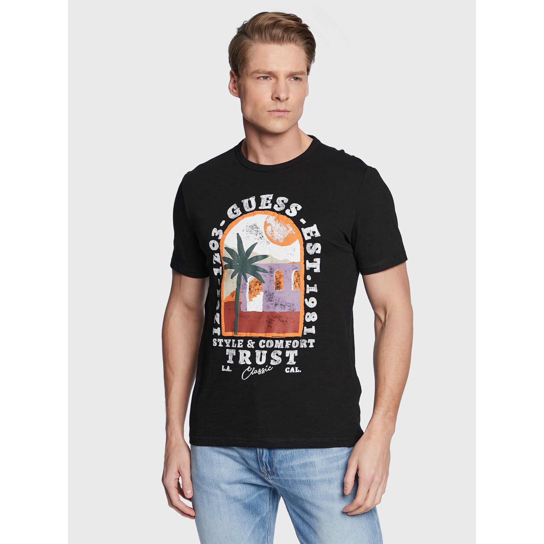 Guess T-Shirt Palm Window M3GI10 K6XN4 Černá Slim Fit - Pepit.cz