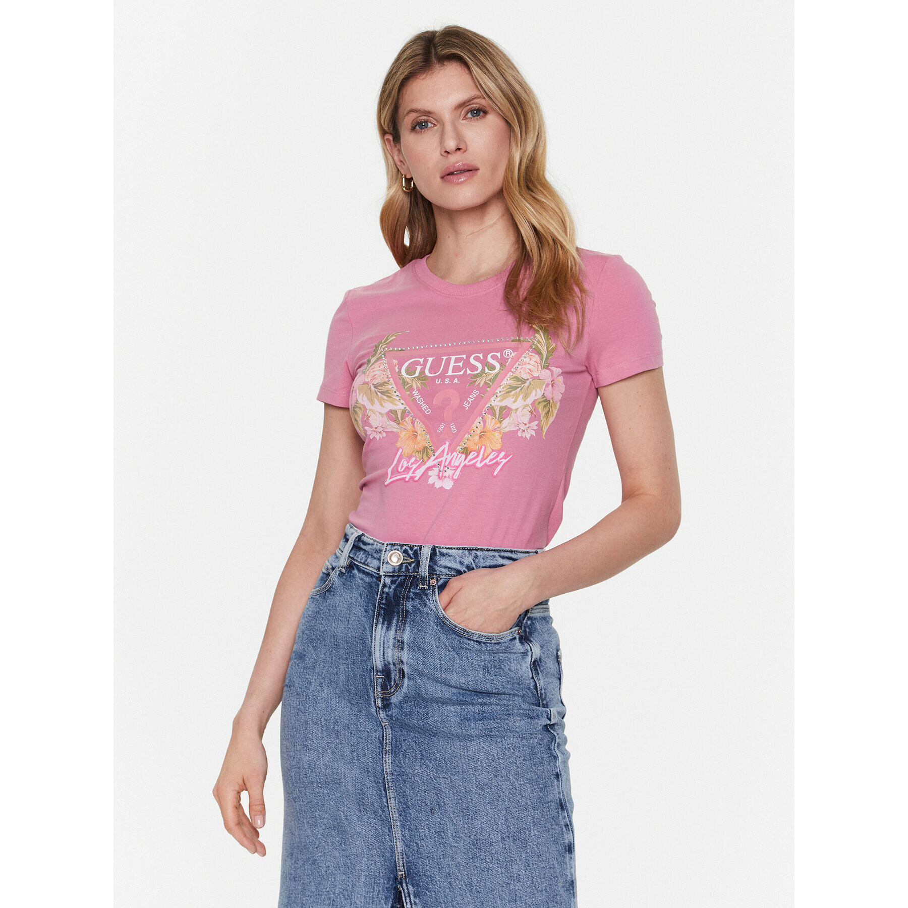 Guess T-Shirt Traingle Flowers W3GI41 J1314 Růžová Slim Fit - Pepit.cz