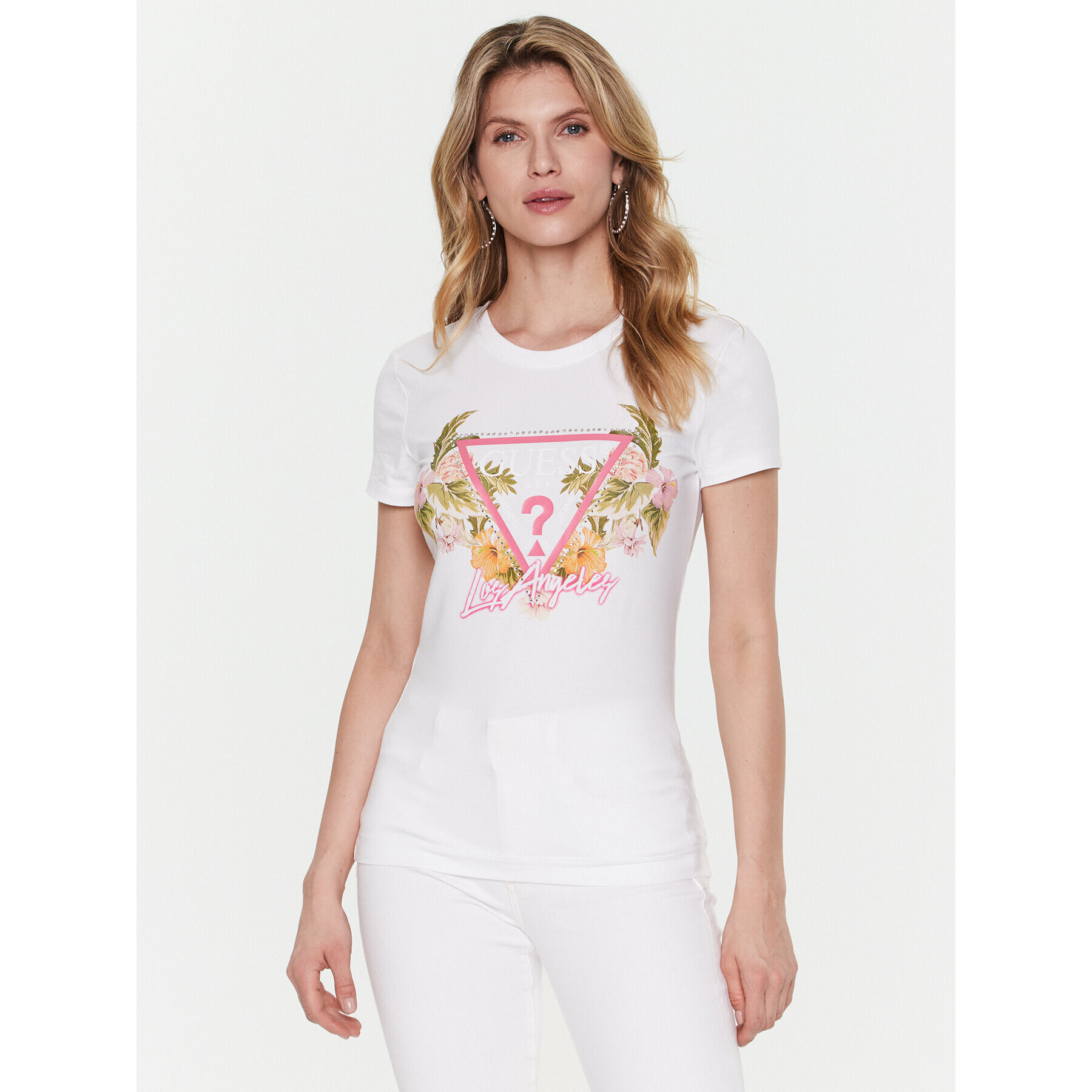 Guess T-Shirt Triangle Flowers W3GI41 J1314 Bílá Slim Fit - Pepit.cz