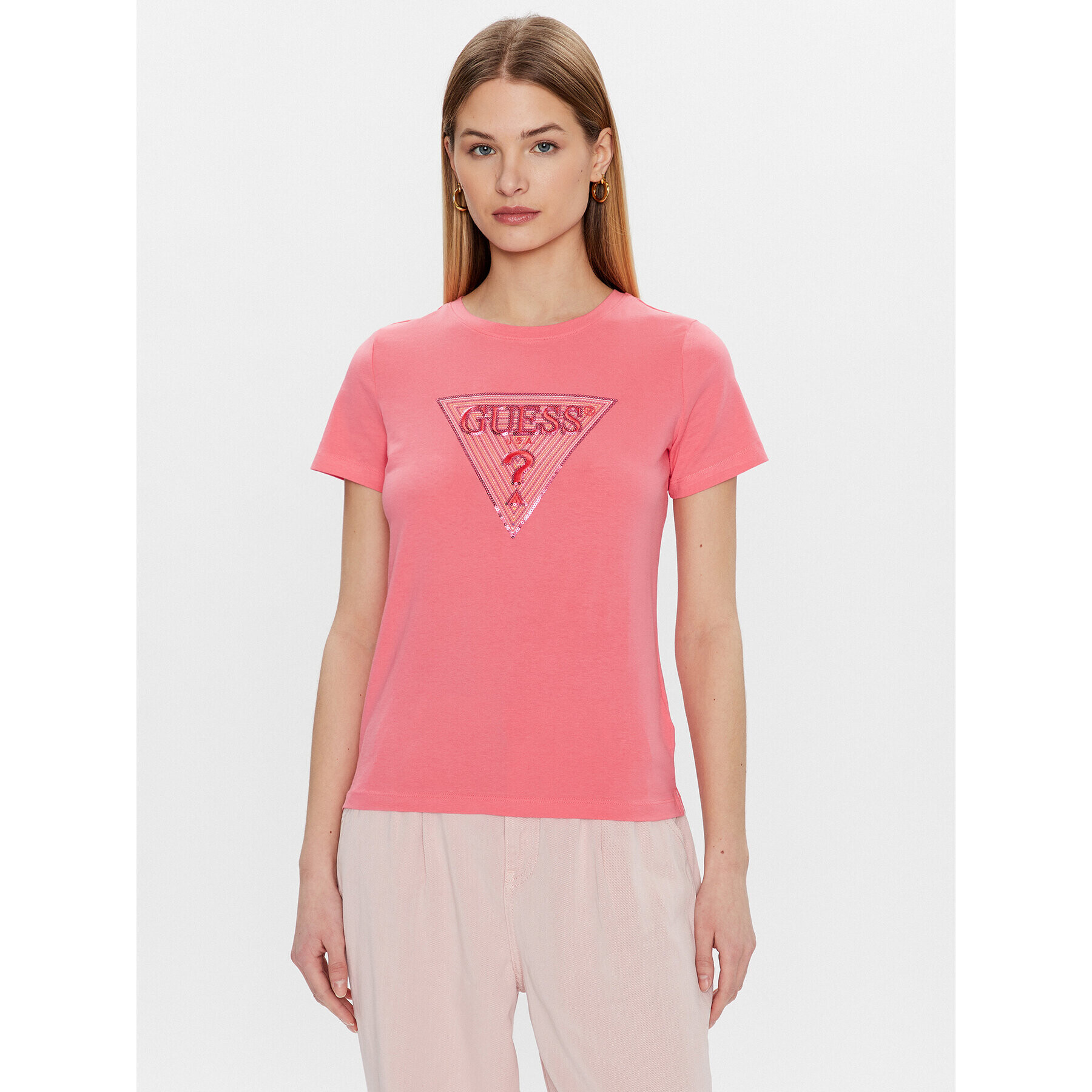 Guess T-Shirt Triangle W3GI61 K6YW1 Růžová Slim Fit - Pepit.cz