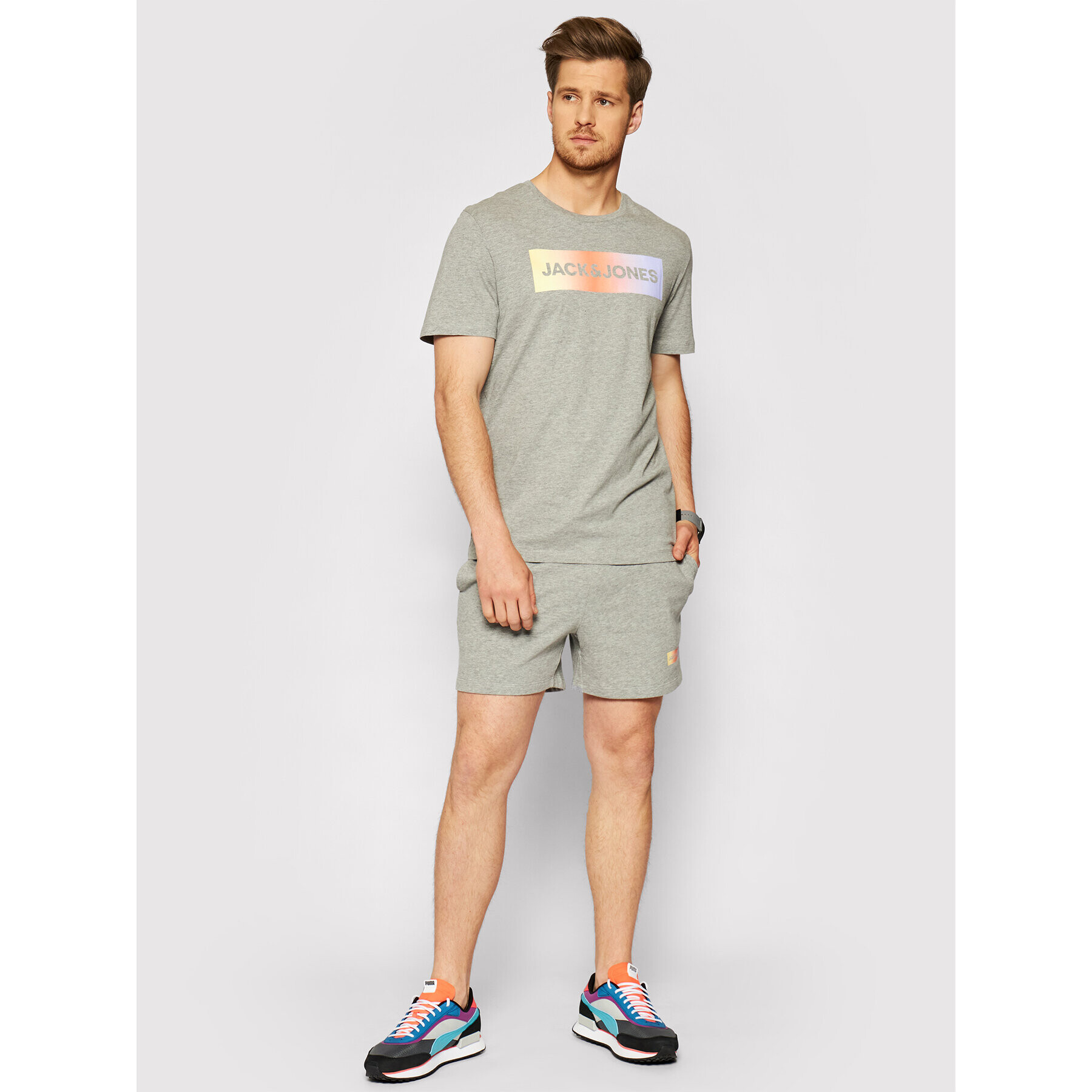 Jack&Jones Sada tričko a sportovní šortky Jacbrad 12192767 Šedá Regular Fit - Pepit.cz