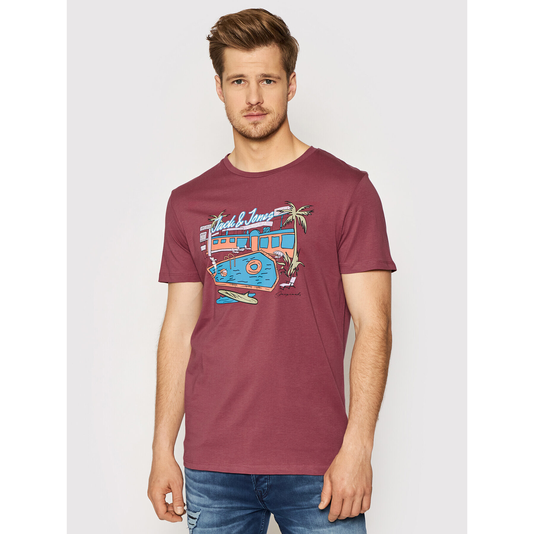 Jack&Jones T-Shirt Theme 12190623 Bordó Regular Fit - Pepit.cz