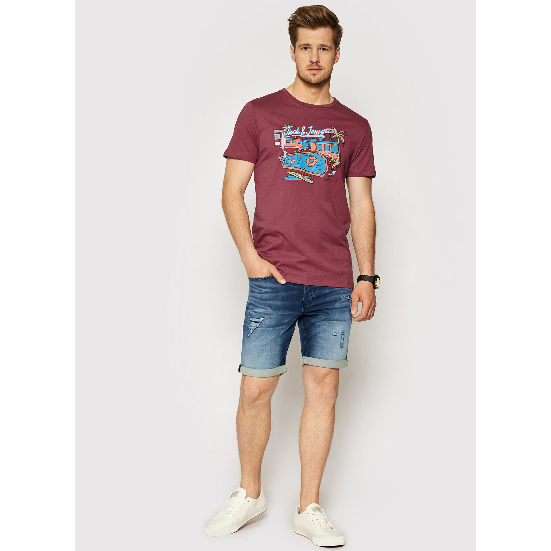 Jack&Jones T-Shirt Theme 12190623 Bordó Regular Fit - Pepit.cz