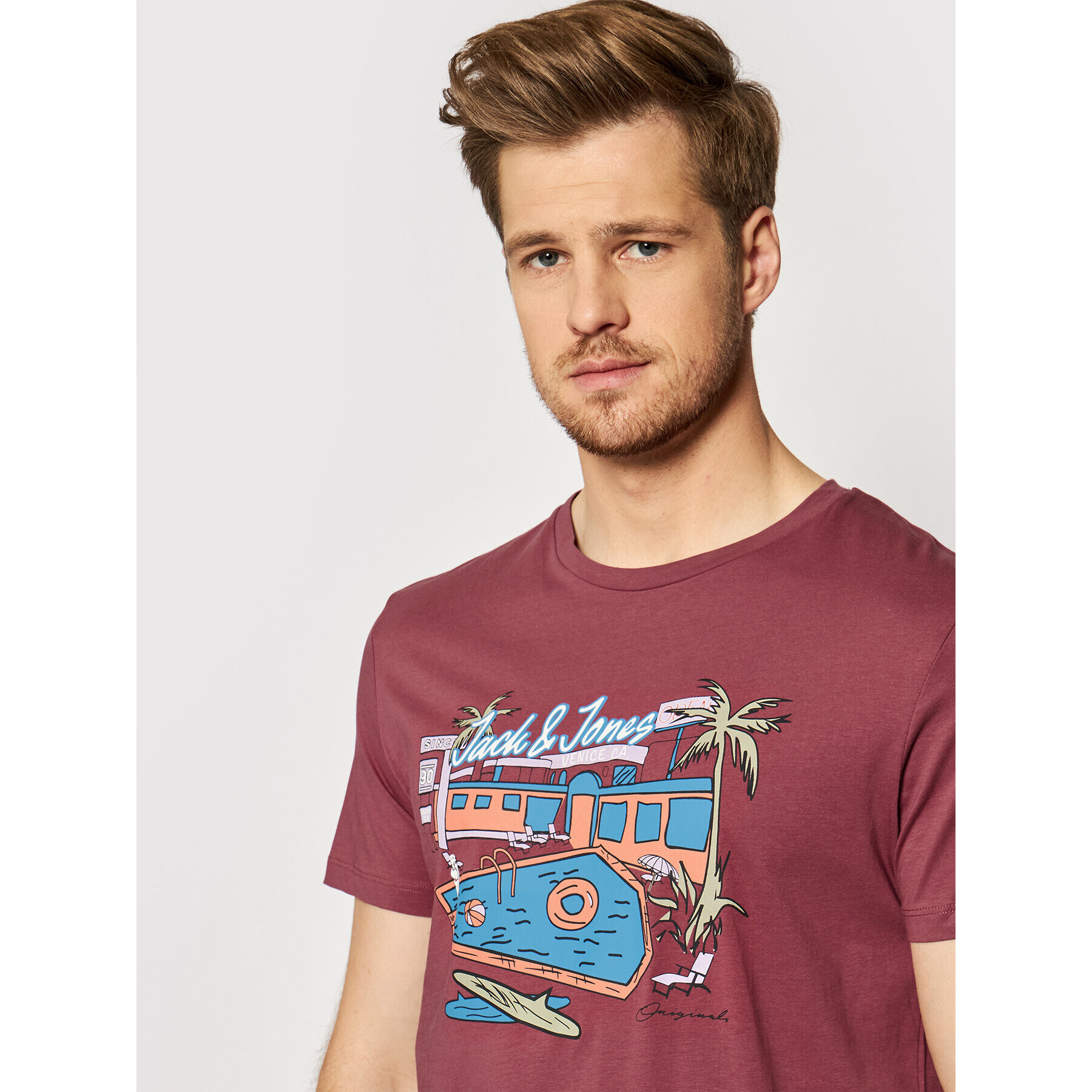 Jack&Jones T-Shirt Theme 12190623 Bordó Regular Fit - Pepit.cz