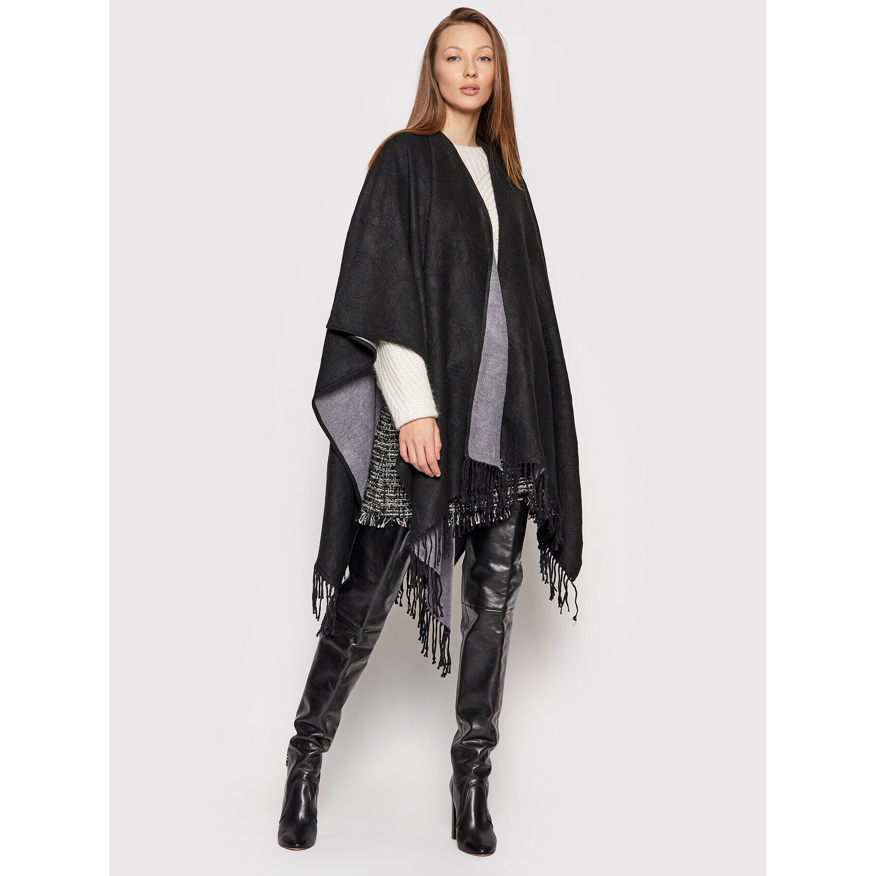 Liu Jo Pončo Poncho Double Embo 3F1050 T0300 Černá Regular Fit - Pepit.cz