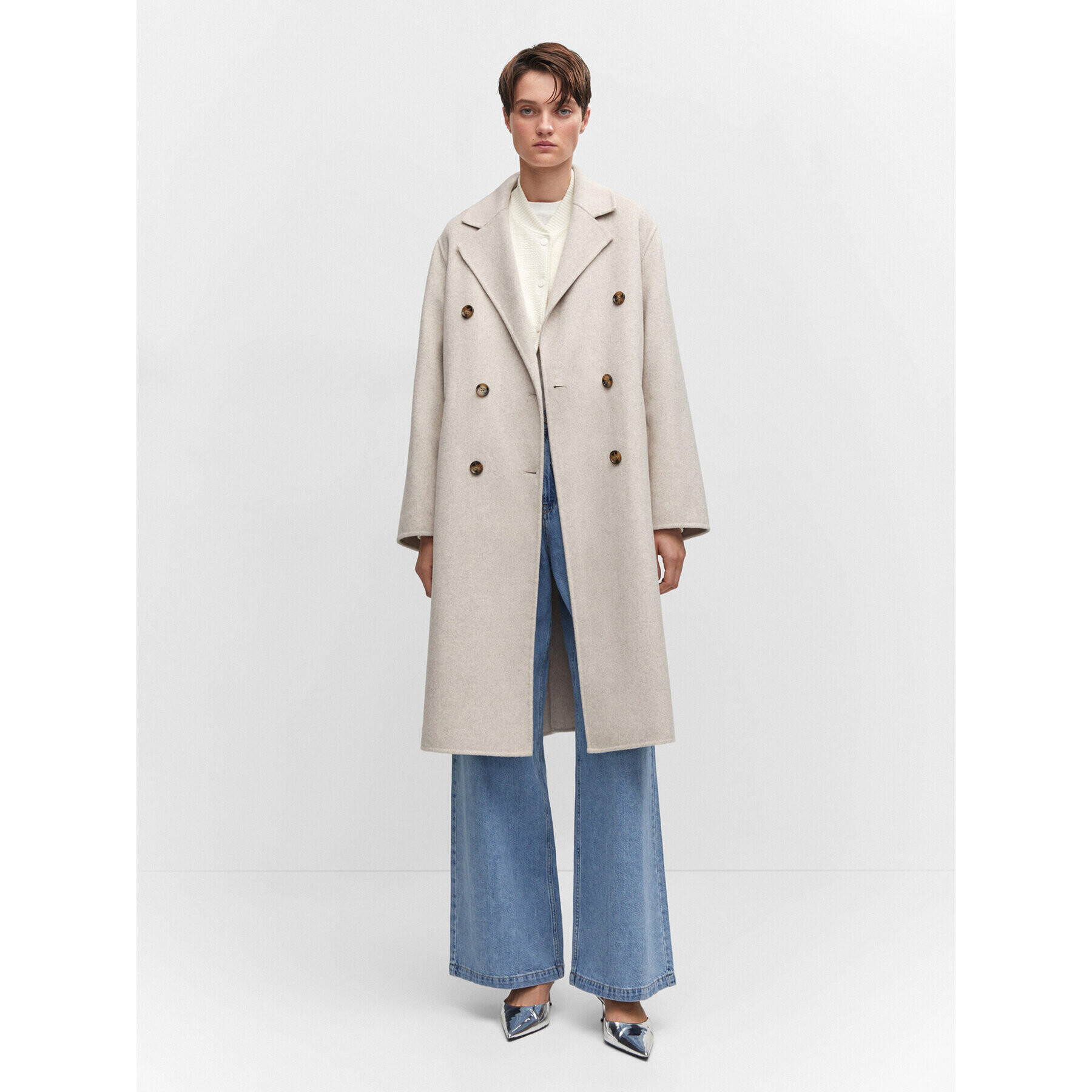 Mango Vlněný kabát Picarol 57025138 Écru Oversize - Pepit.cz