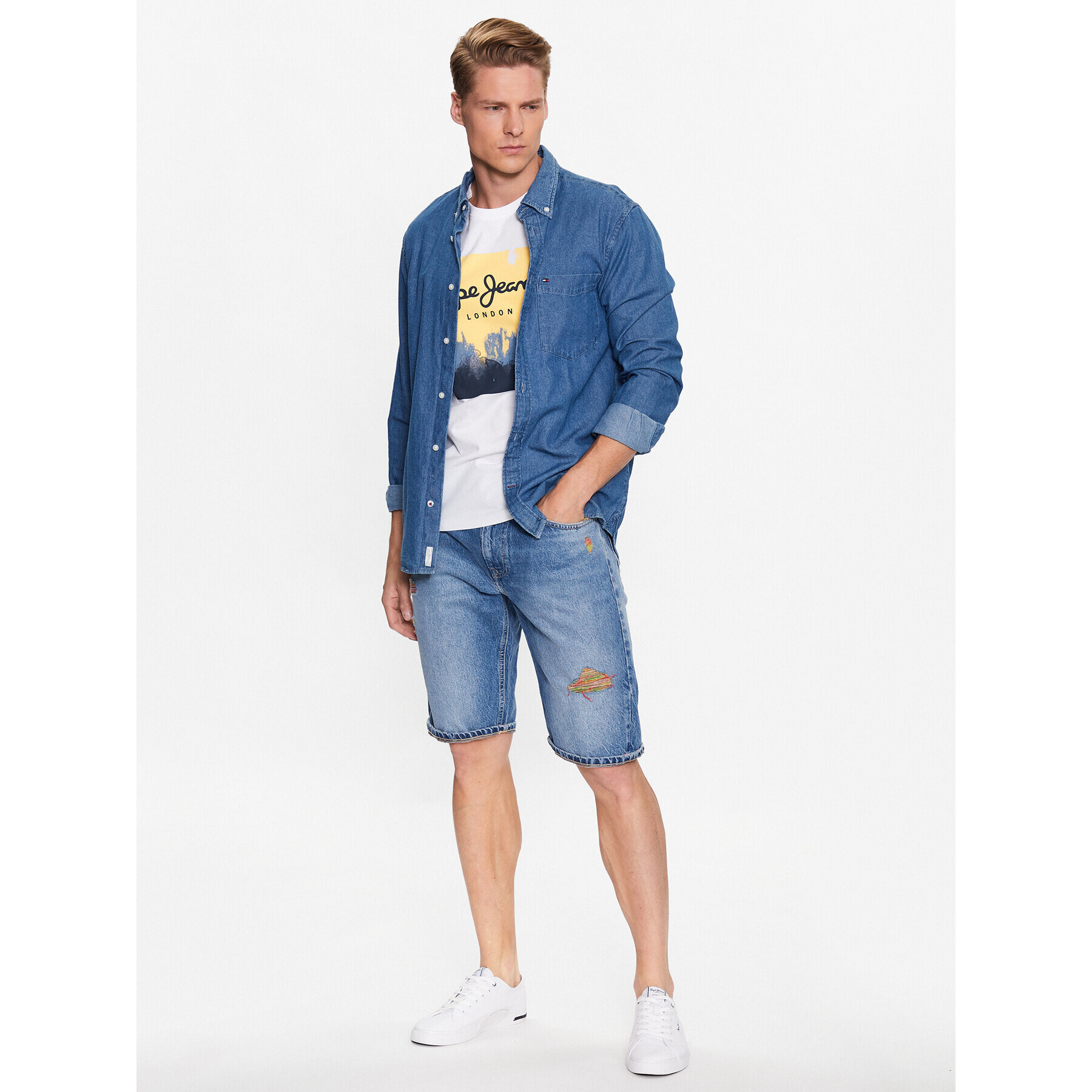 Pepe Jeans Džínové šortky Callen Short Rainbow PM801021 Modrá Relaxed Fit - Pepit.cz